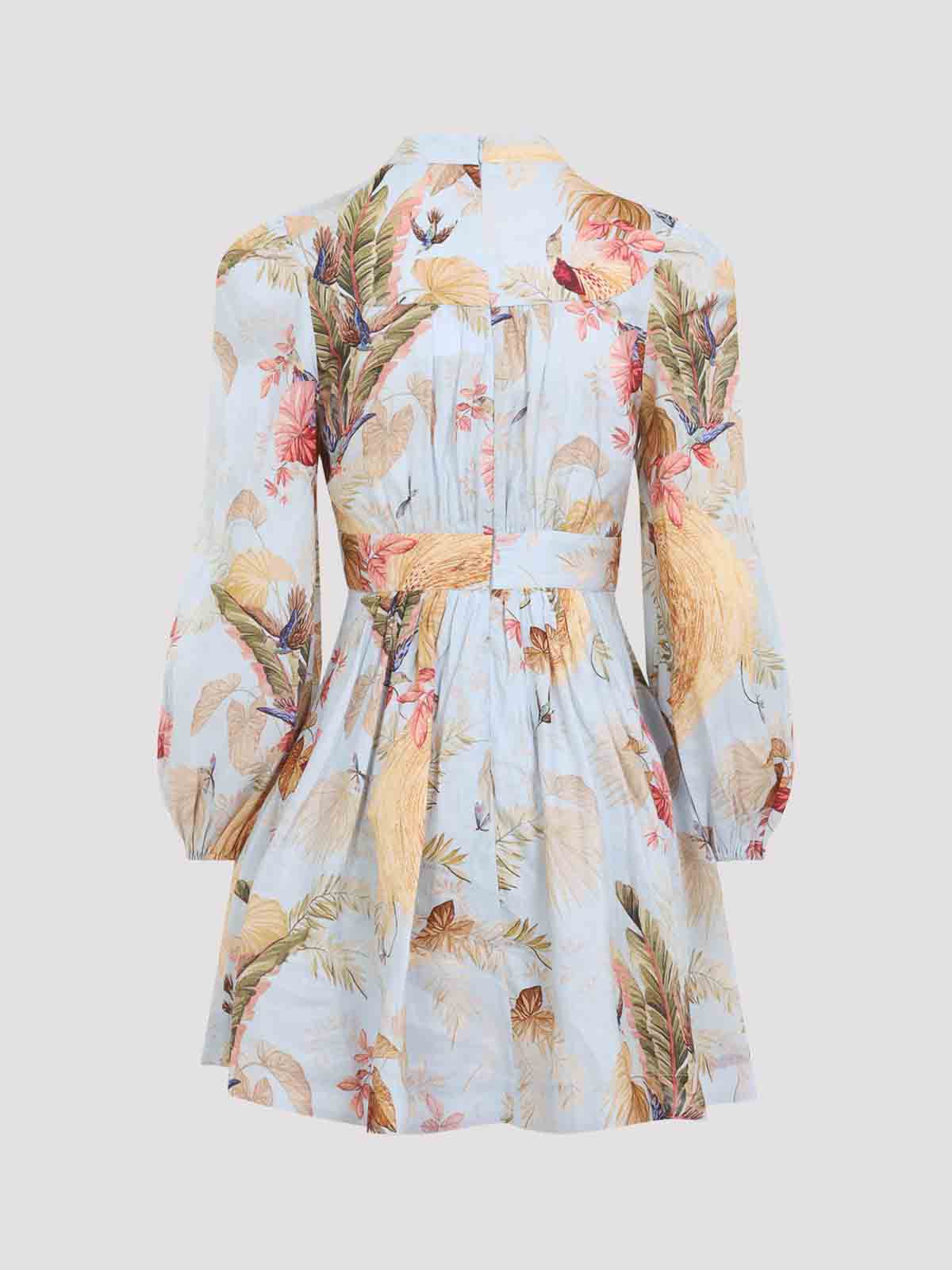 Zimmermann Ascension Light Blue Mini Dress With Flared Skirt And All-over Print In Linen Woman In Neutral