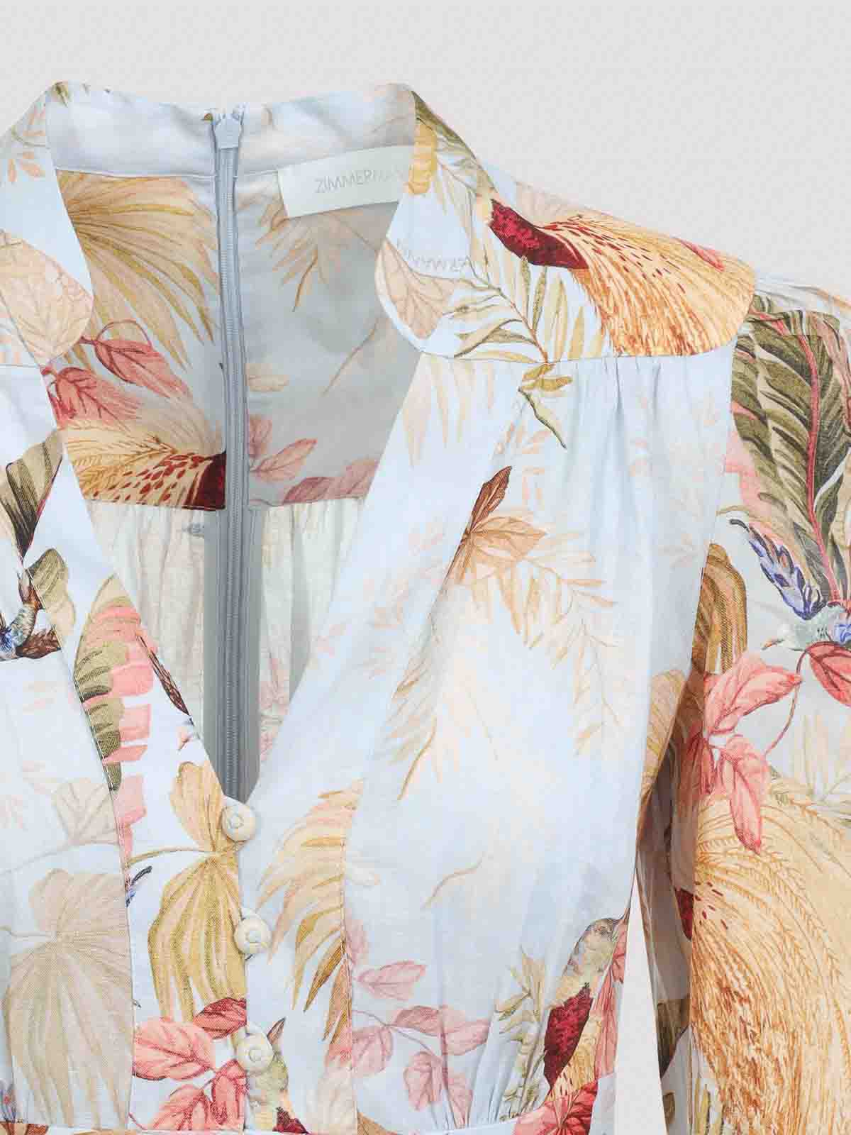 Zimmermann Ascension Light Blue Mini Dress With Flared Skirt And All-over Print In Linen Woman In Neutral