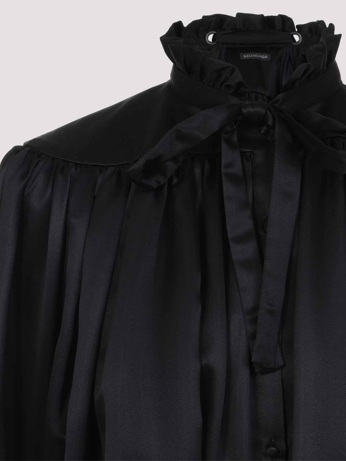 Balenciaga Silk Blouse With Decorative Tie At Neckline In Black