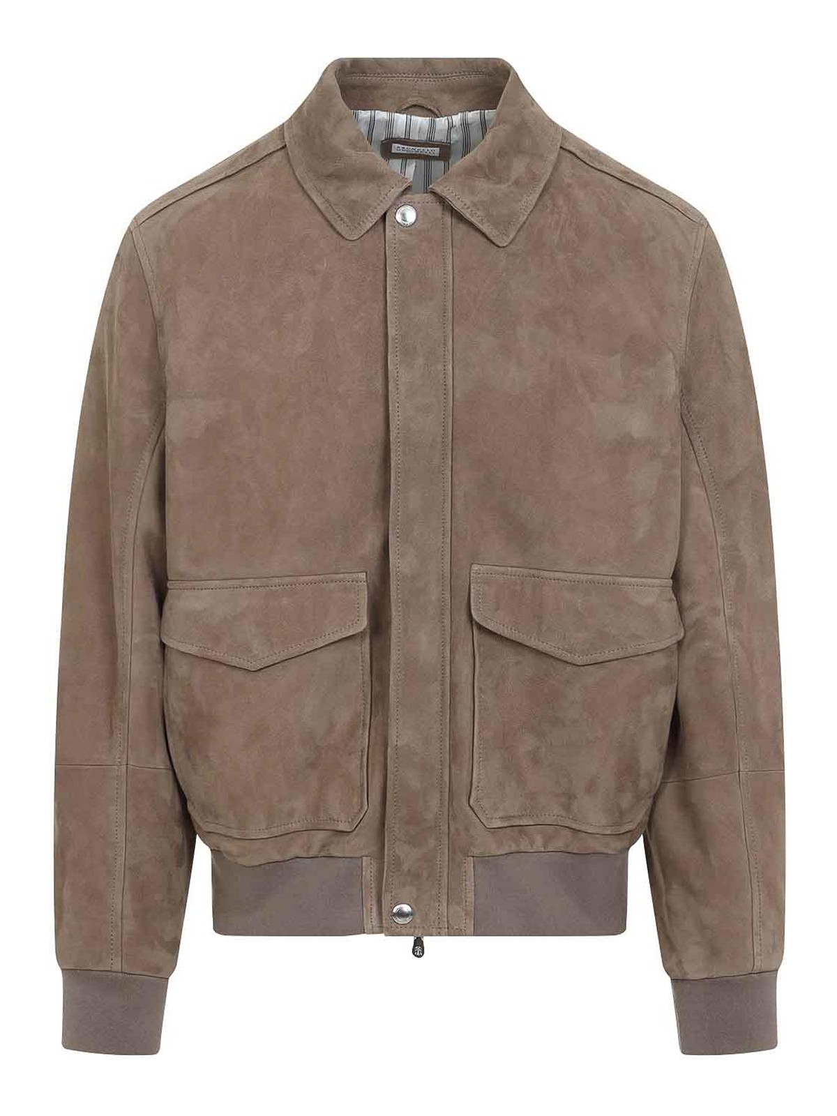 Brunello Cucinelli Leather Bomber Jacket Men In Gray