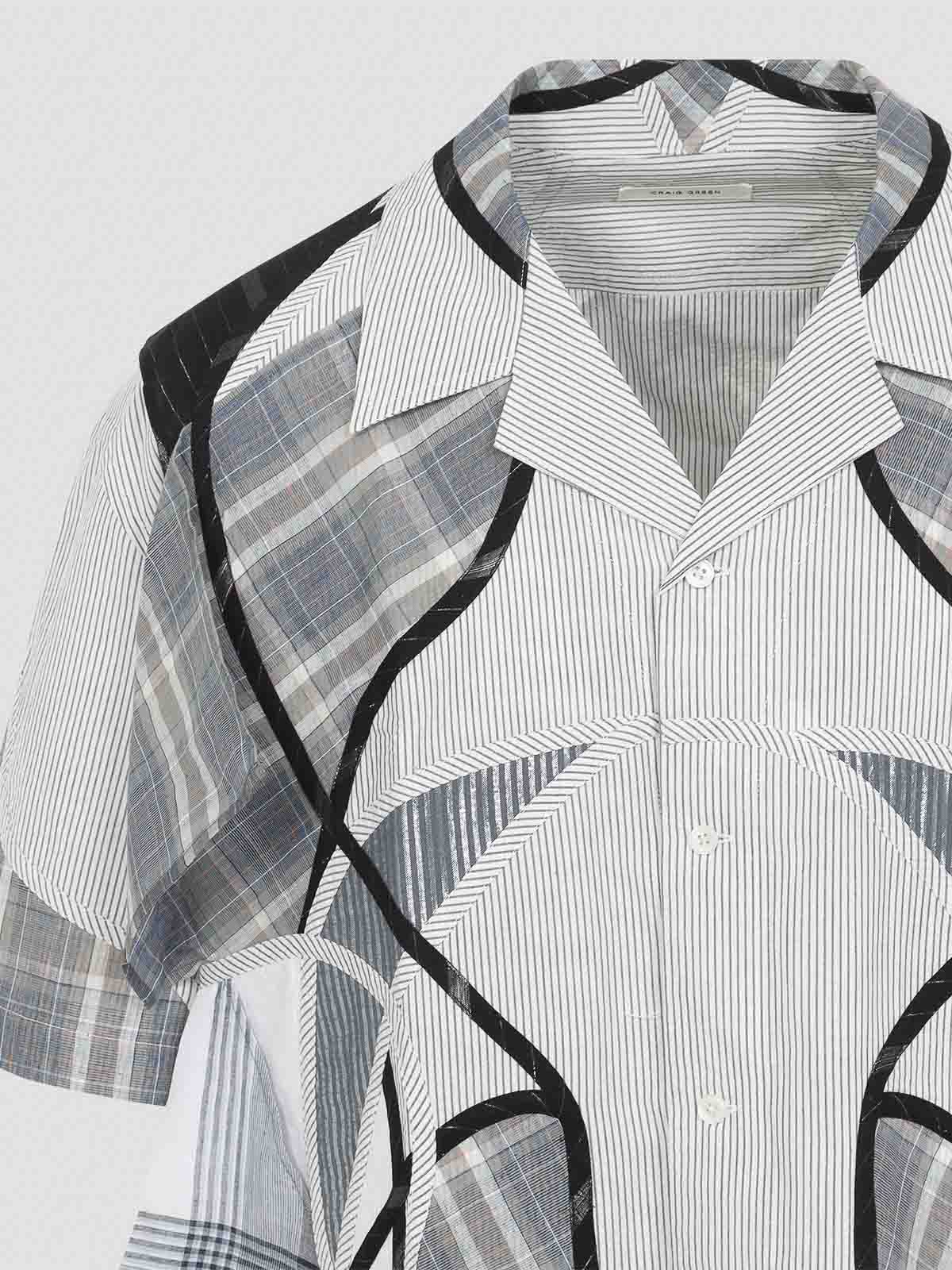 Craig Green Patchwork Blue Cotton Shirt With Bowling Collar In Gray