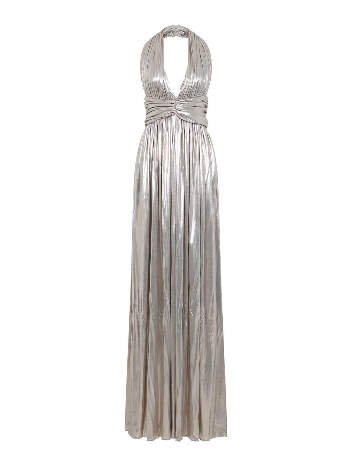 Giambattista Valli Laminated Gold Cotton Long Dress With Plunging Neckline In Metallic