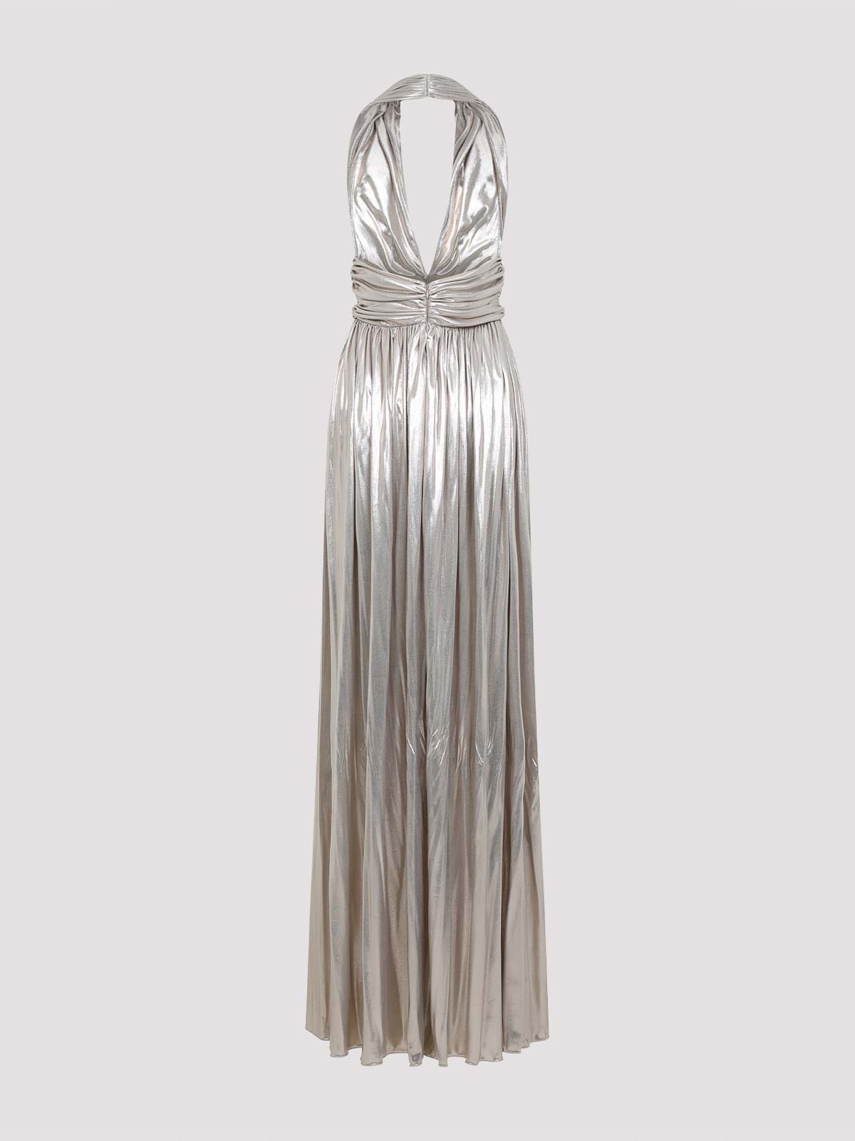 Giambattista Valli Laminated Gold Cotton Long Dress With Plunging Neckline In Metallic