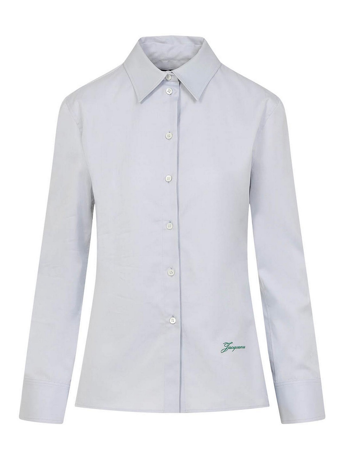 Jacquemus Womens Light Grey La Chemise Cuadro Script-embroidery Asymmetric Cotton Shirt In Blue