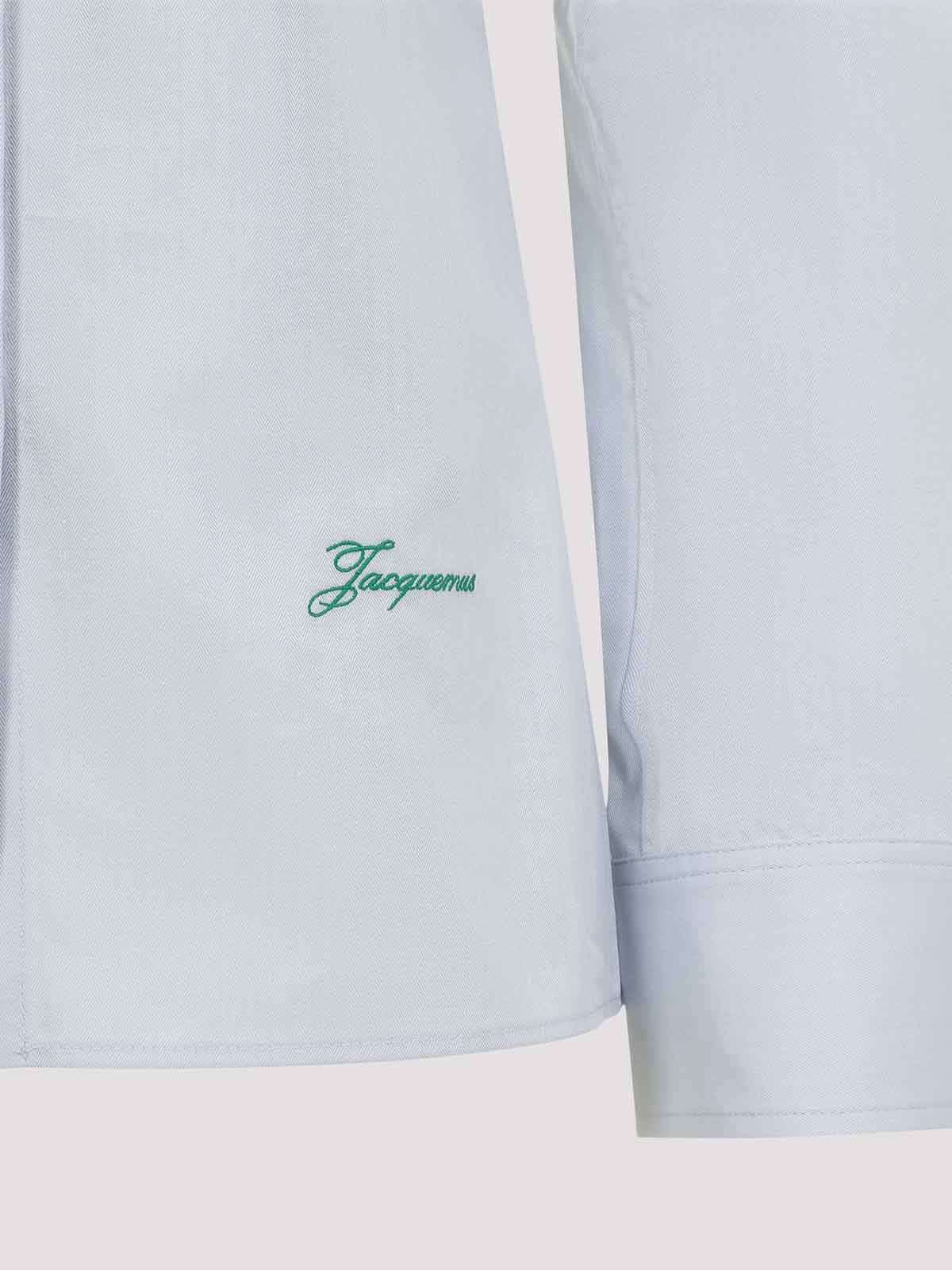 Jacquemus Womens Light Grey La Chemise Cuadro Script-embroidery Asymmetric Cotton Shirt In Blue