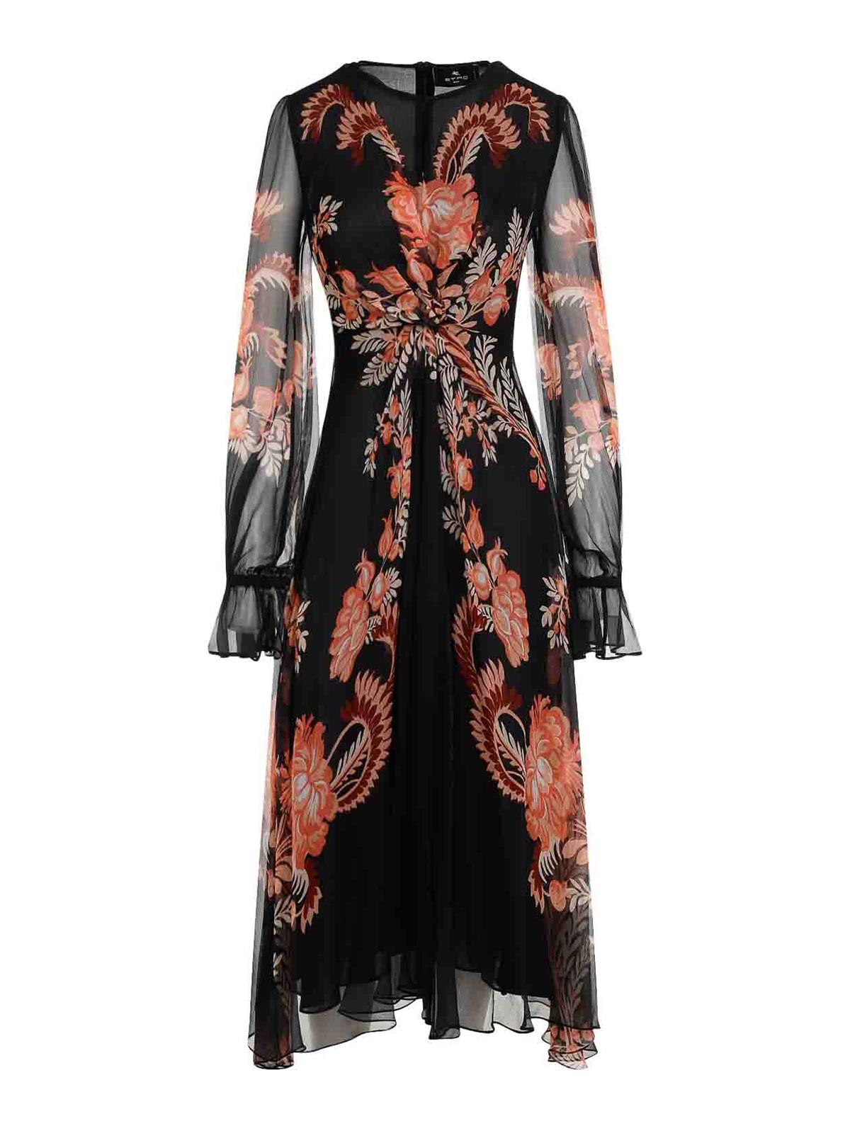 Etro Floral Silk Chiffon Long-sleeved Midi Dress In Black