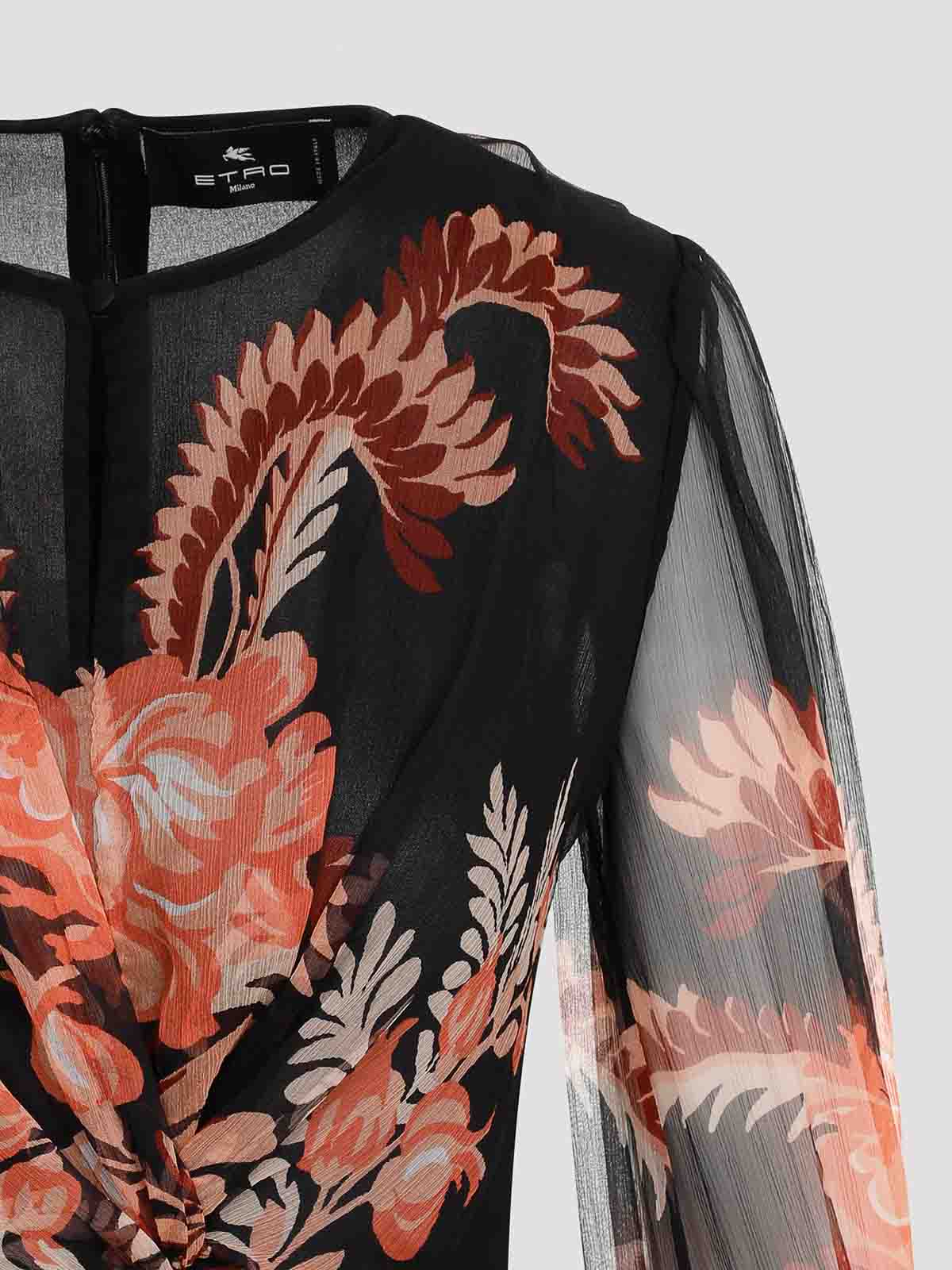 Etro Floral Silk Chiffon Long-sleeved Midi Dress In Black