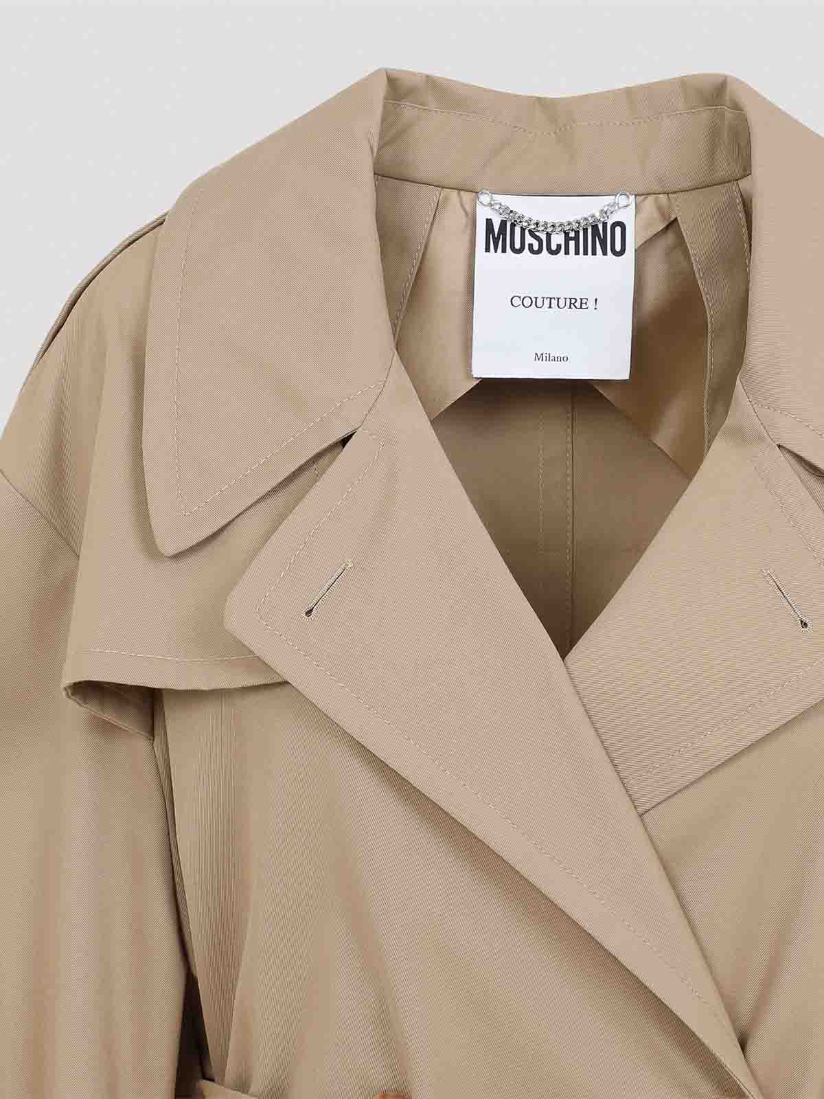Moschino Cotton Blend Gabardine Long Trench Coat In Neutral