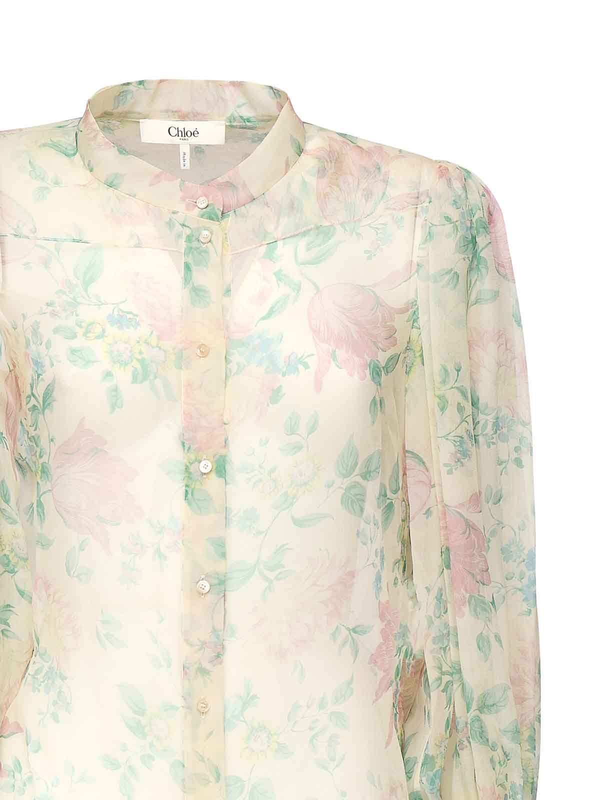 Chloé Peony Print Blouse In Silk Muslin In Sand