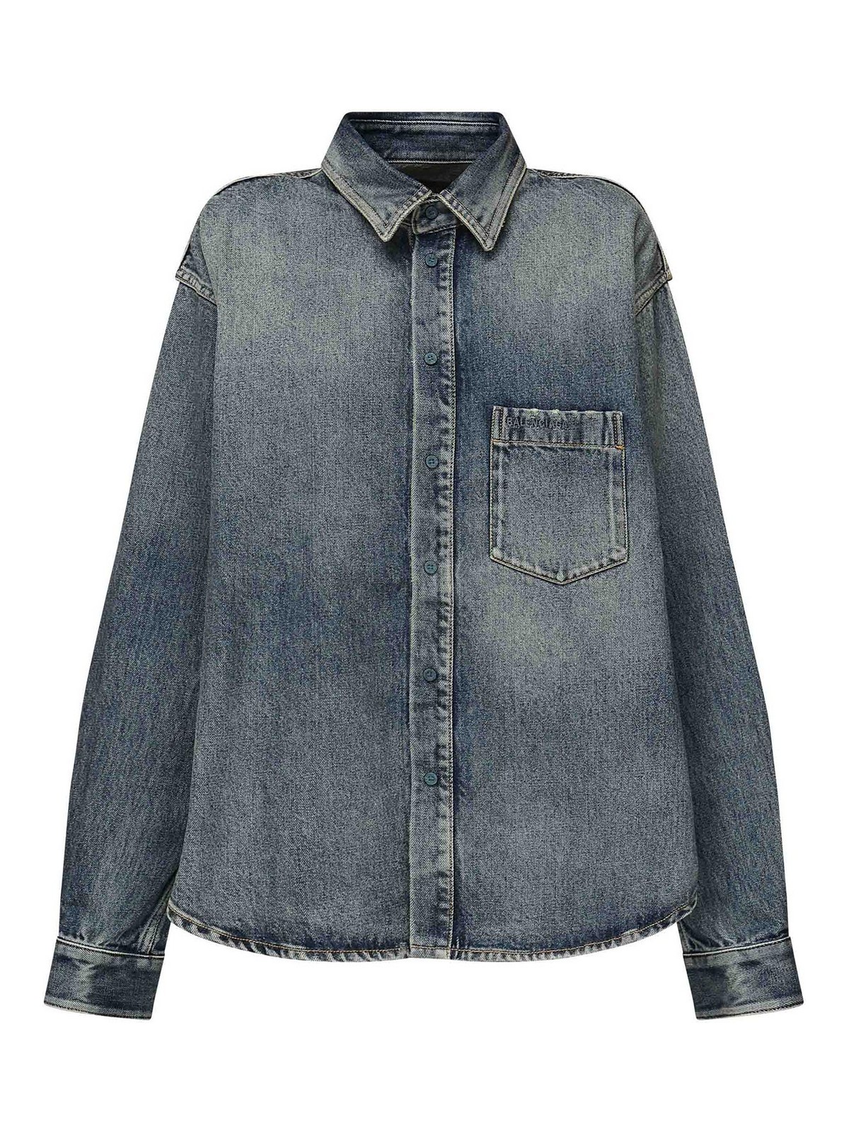 Balenciaga Cotton Shirt With Chest Pocket In Blue