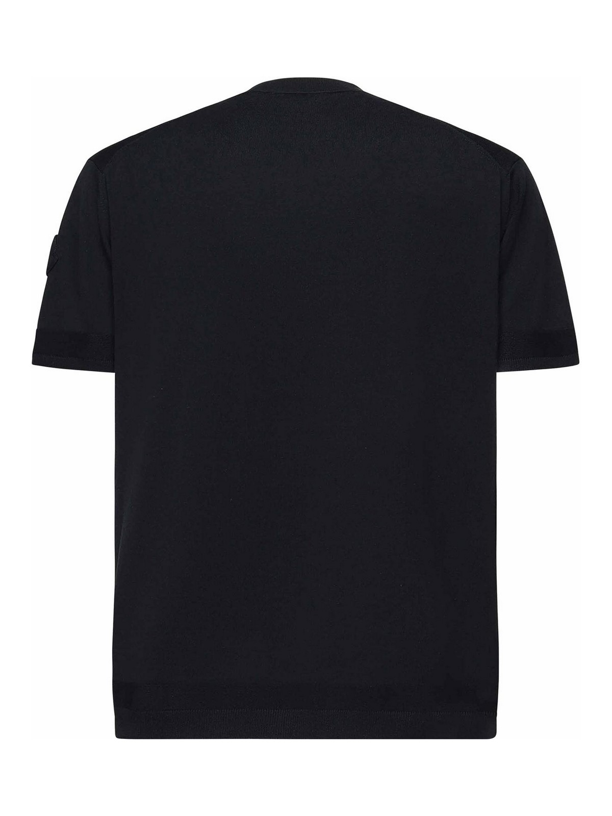 Moncler Crew Neck Silk T-shirt With Ribbed Cuffs In Blue