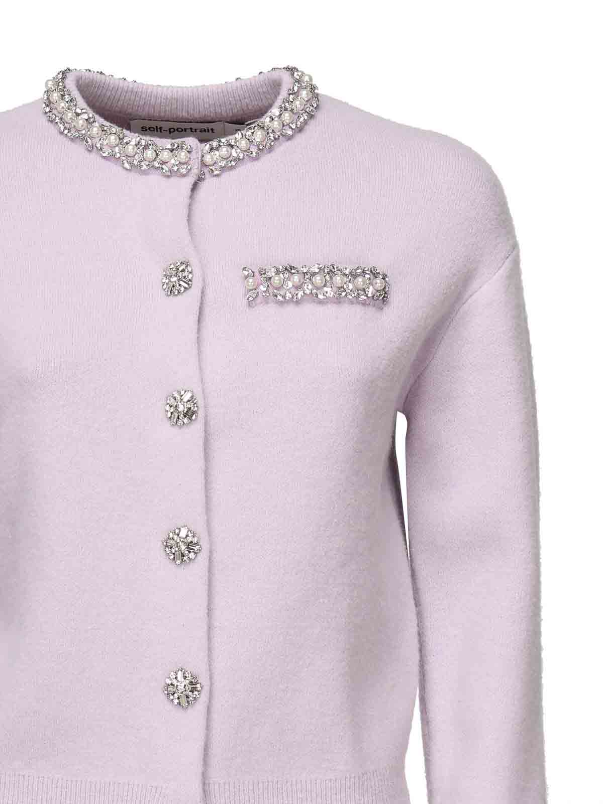 Self-portrait Crystal Trim Cardigan In Purple