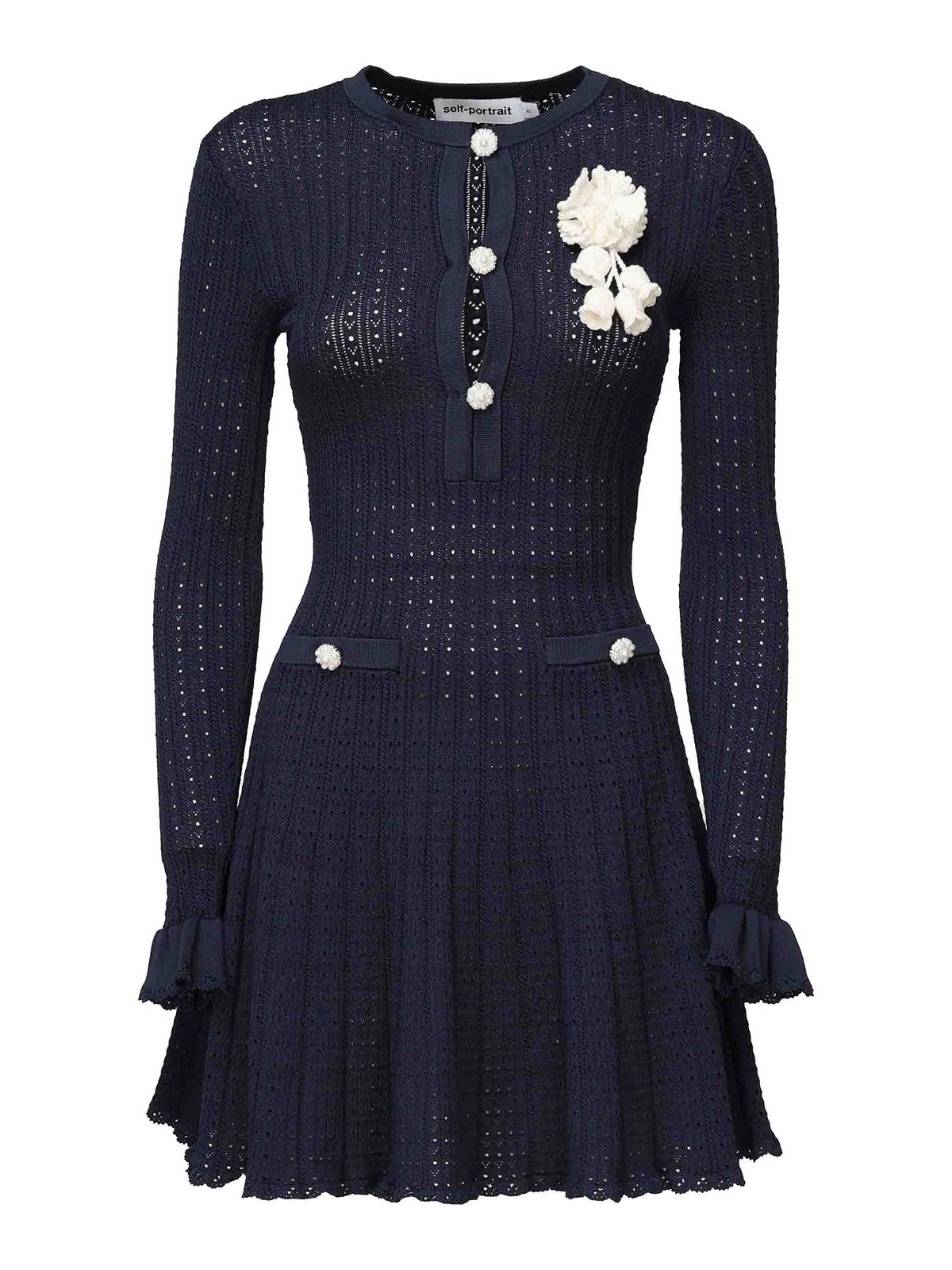 Self-portrait Self Portrait Women Perforated Knit Short Dress With Removable Lace Brooch In Blue