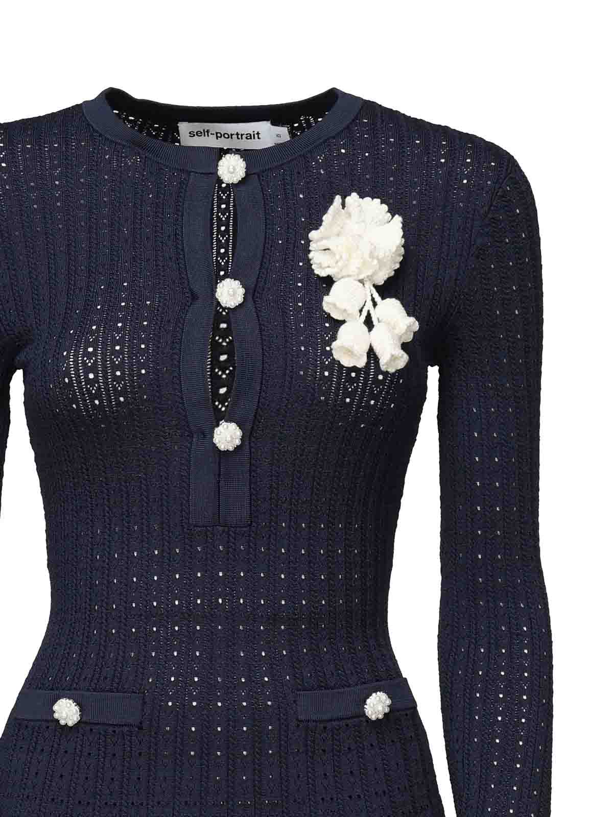 Self-portrait Self Portrait Women Perforated Knit Short Dress With Removable Lace Brooch In Blue