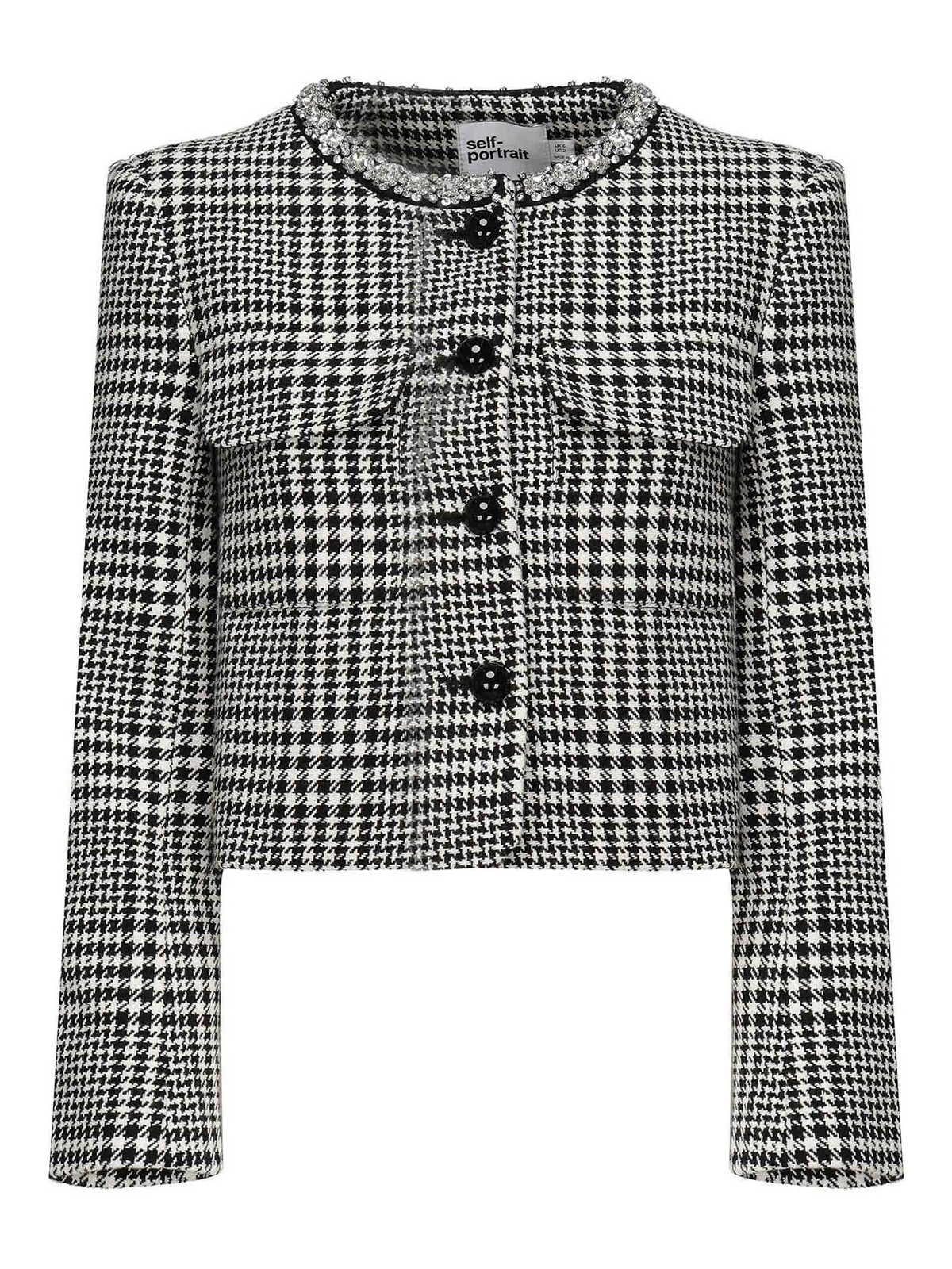 Self-portrait Houndstooth Jacket With Crystals In Black