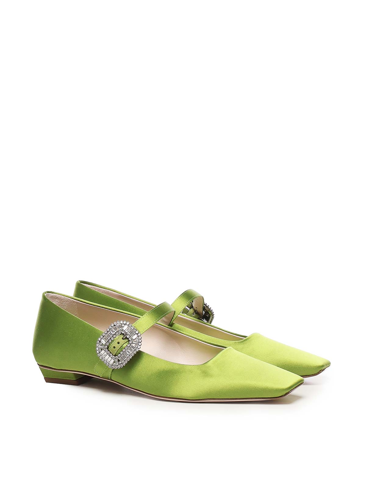 Roger Vivier Crystal Buckle Pointed Toe Satin Strap Shoes In Green