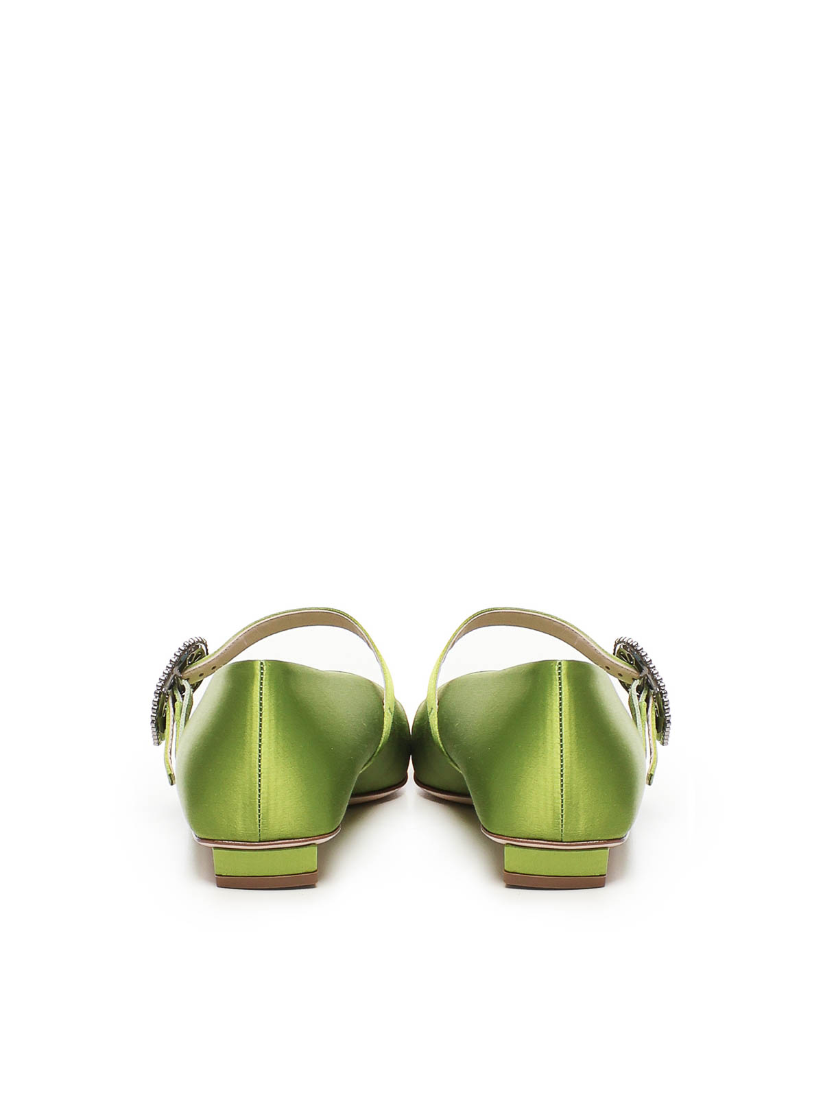 Roger Vivier Crystal Buckle Pointed Toe Satin Strap Shoes In Green