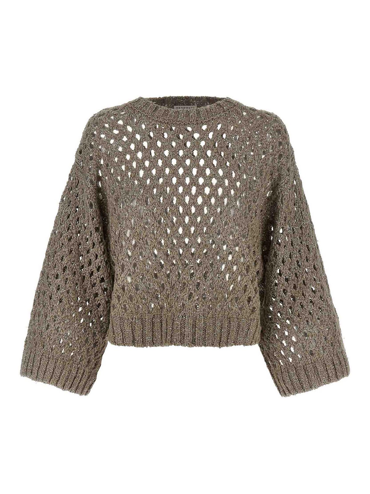 Brunello Cucinelli Grey Rustic Dazzling Net Cropped Sweater In Brown