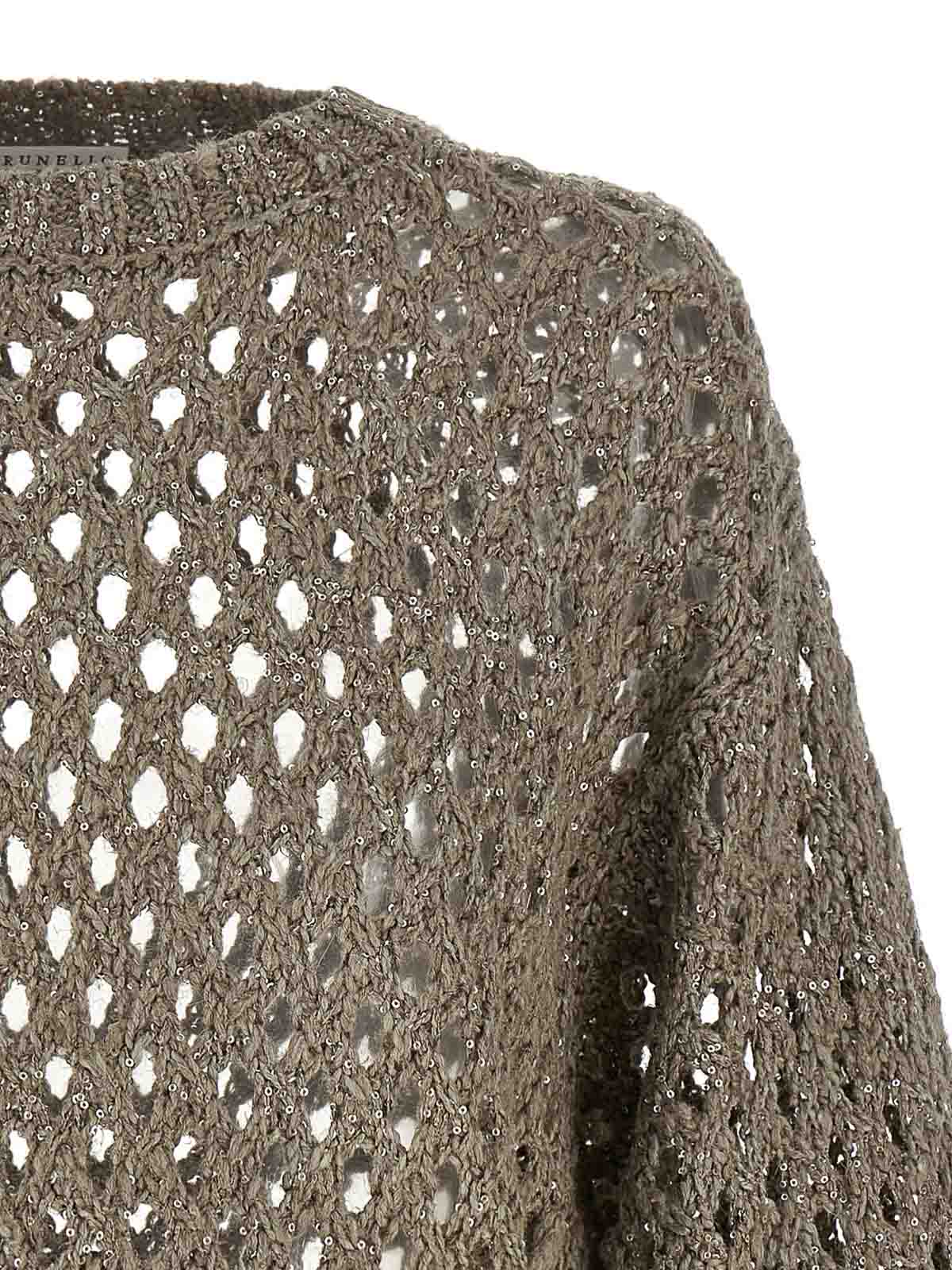 Brunello Cucinelli Grey Rustic Dazzling Net Cropped Sweater In Brown