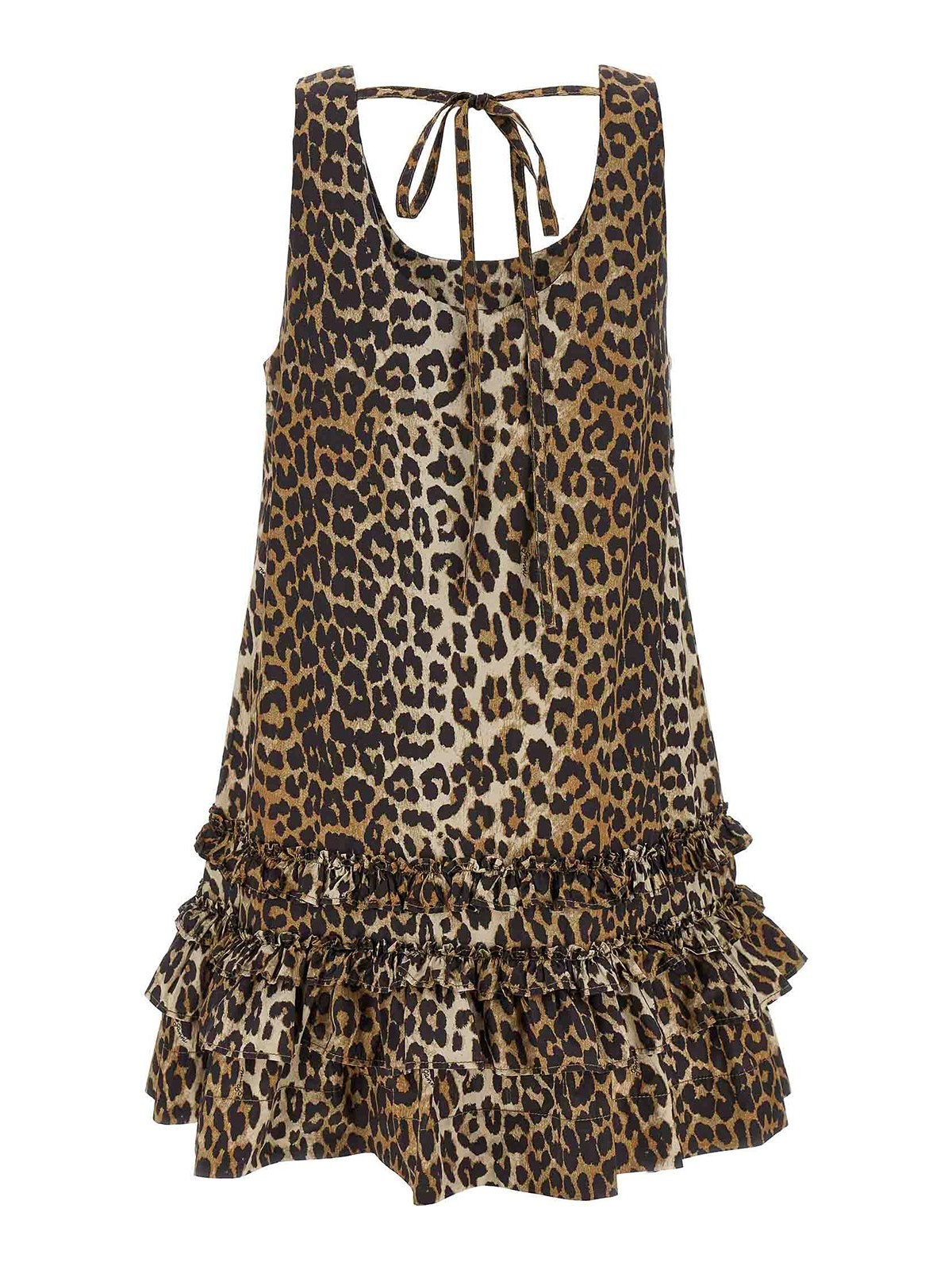 Ganni Leopard-print Ruffled Cotton Poplin Minidress In Brown