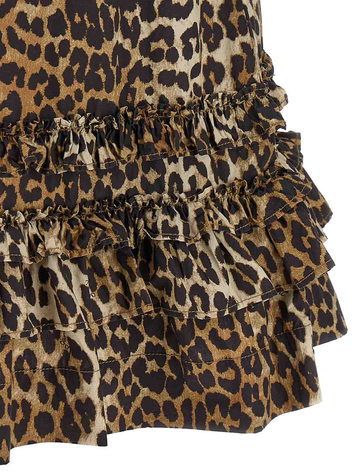 Ganni Leopard-print Ruffled Cotton Poplin Minidress In Brown