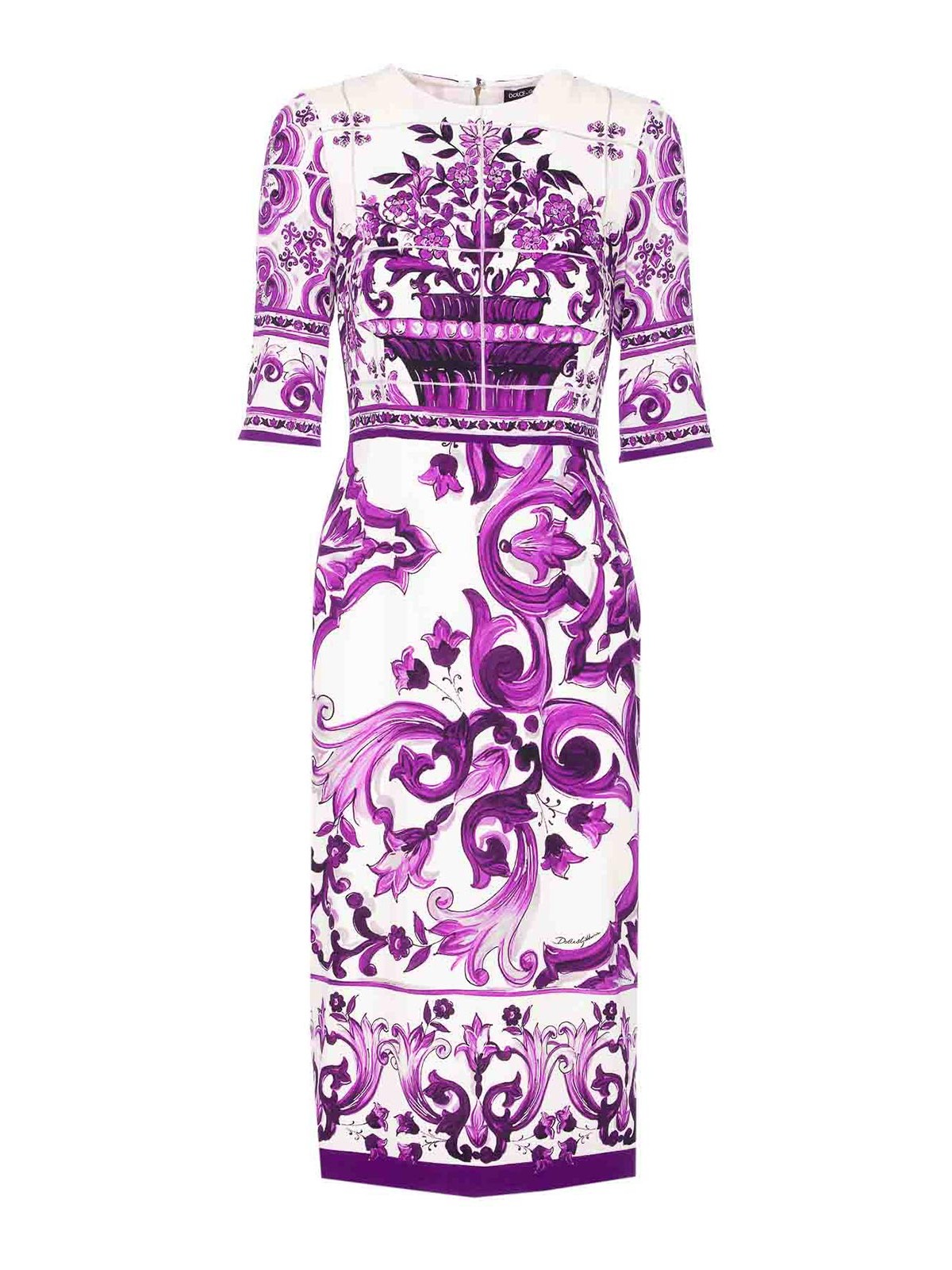 Dolce & Gabbana Violet Crewneck Dress With Rear Zip Closure And All-over Floral Print In Silk Stretch Woman