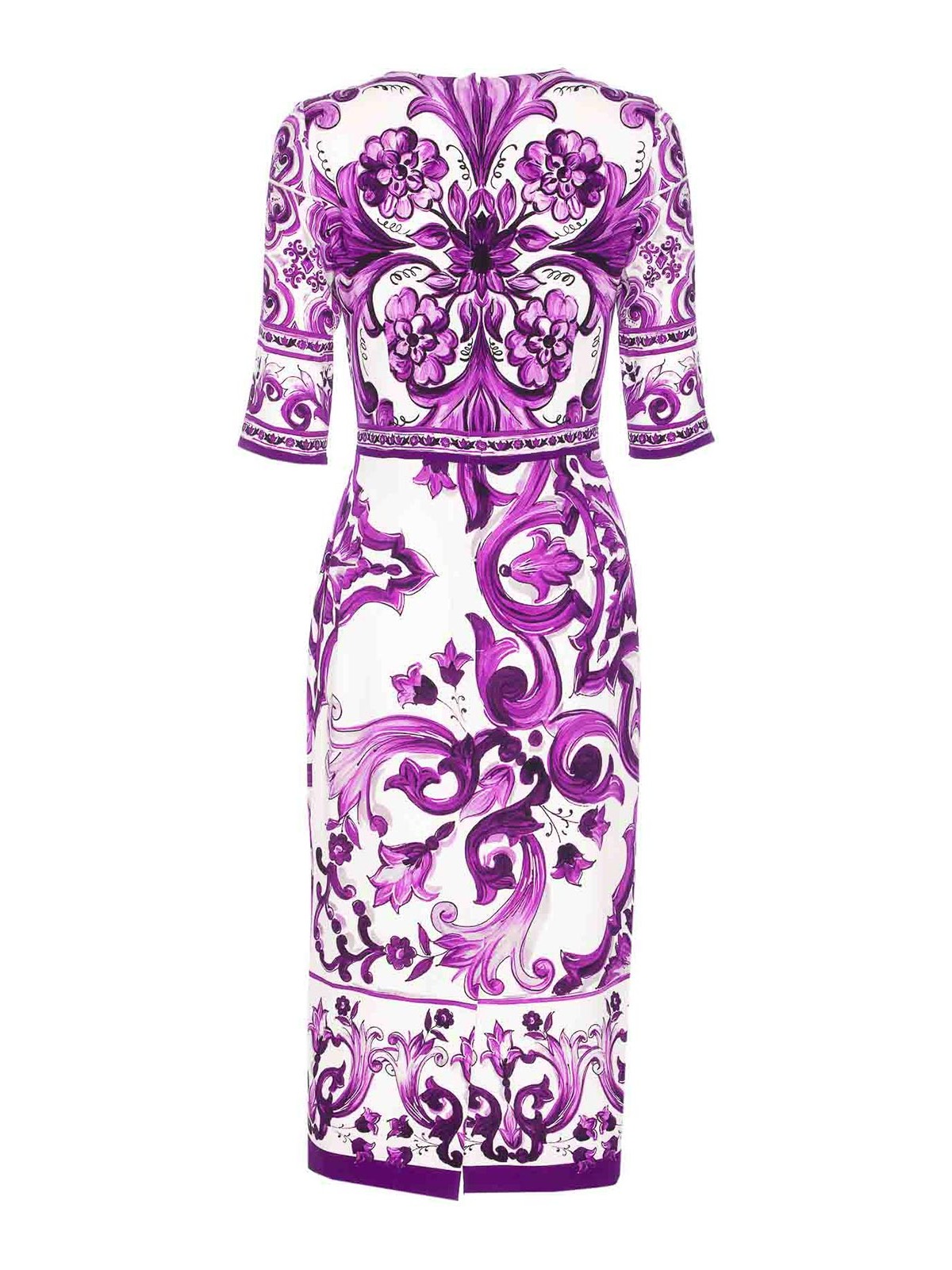 Dolce & Gabbana Violet Crewneck Dress With Rear Zip Closure And All-over Floral Print In Silk Stretch Woman