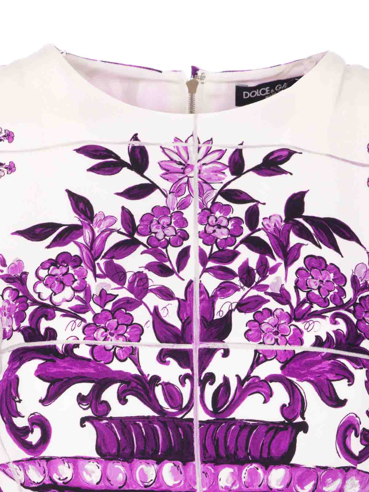 Dolce & Gabbana Violet Crewneck Dress With Rear Zip Closure And All-over Floral Print In Silk Stretch Woman