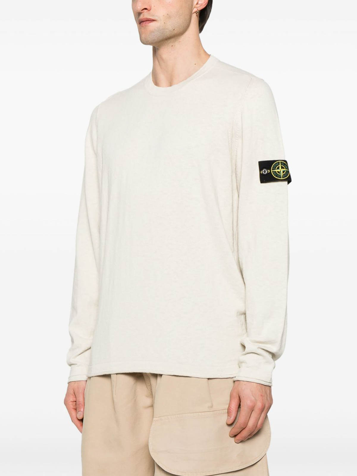 Stone Island High Neck White Sweater With Ribbed Texture And Unique Patch In White