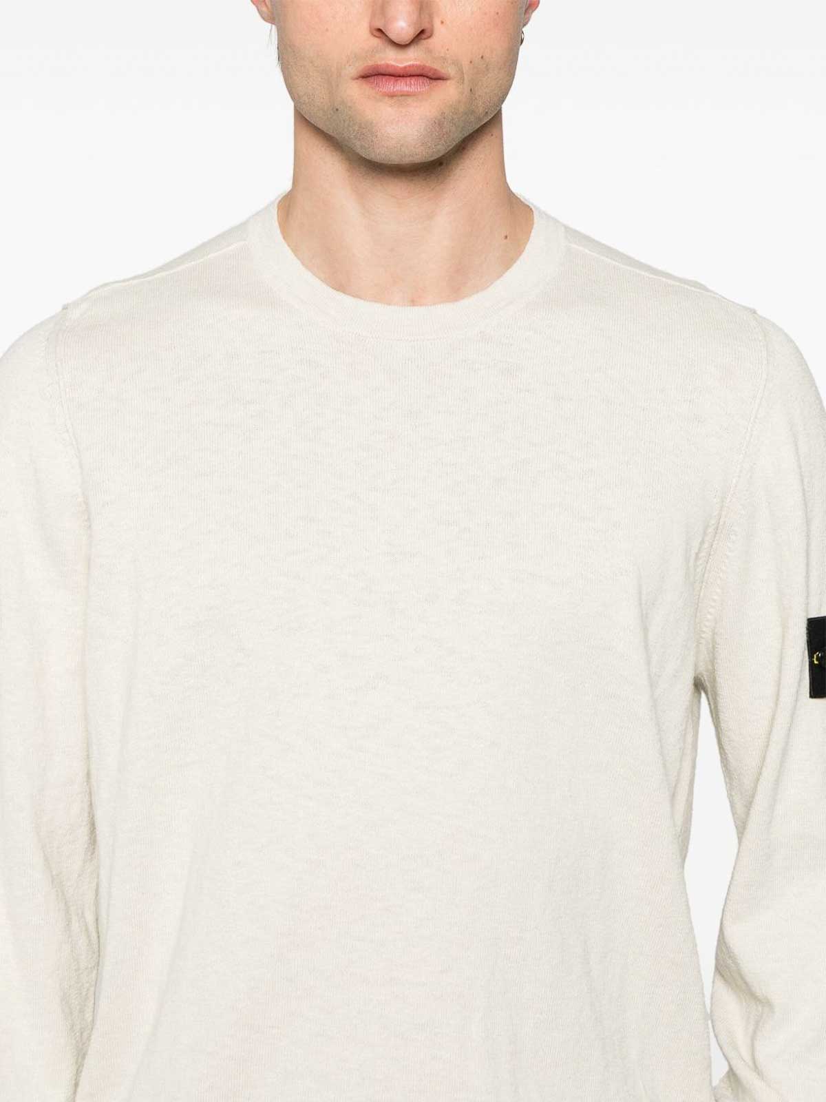 Stone Island High Neck White Sweater With Ribbed Texture And Unique Patch In White