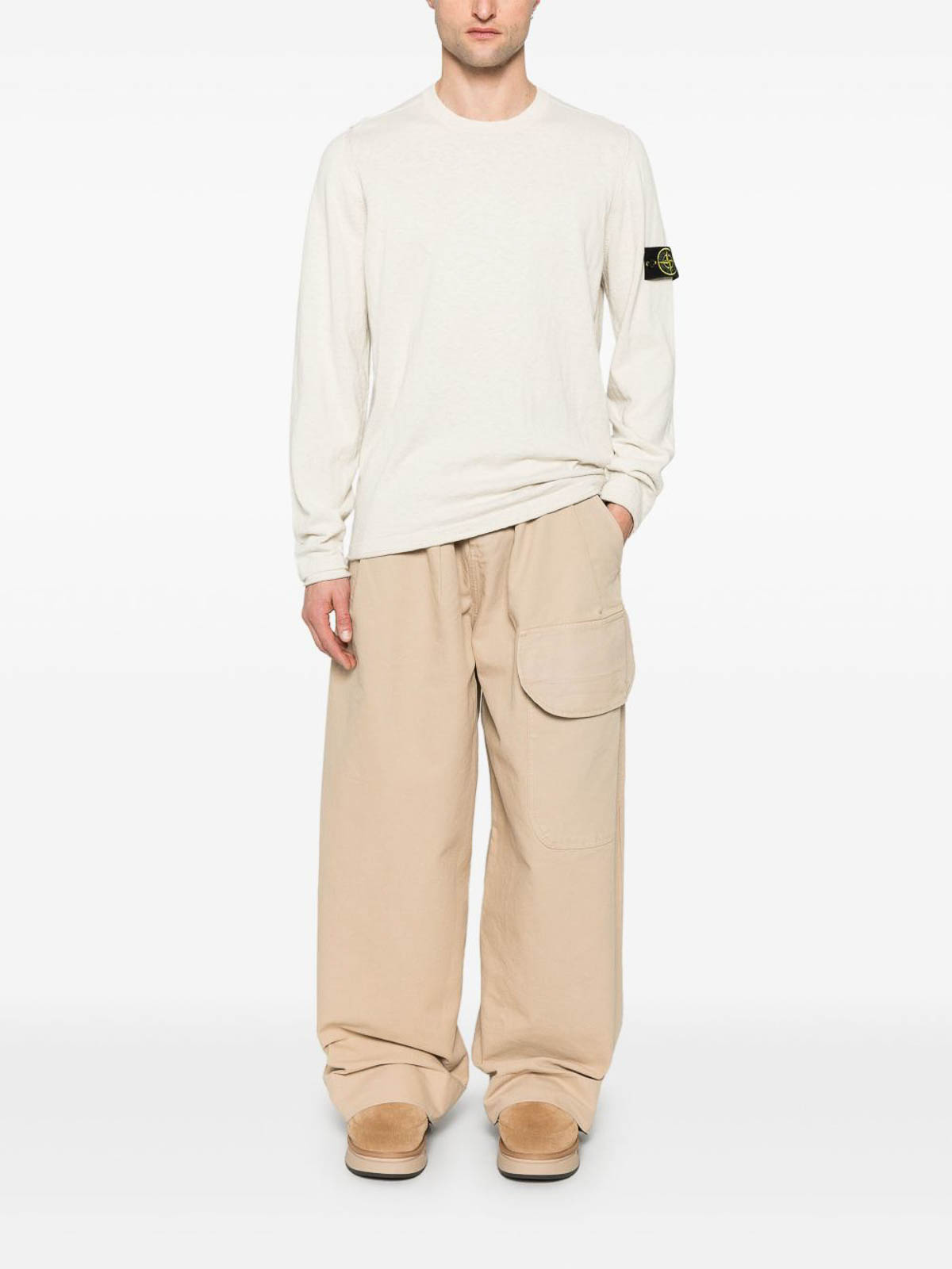 Stone Island High Neck White Sweater With Ribbed Texture And Unique Patch In White