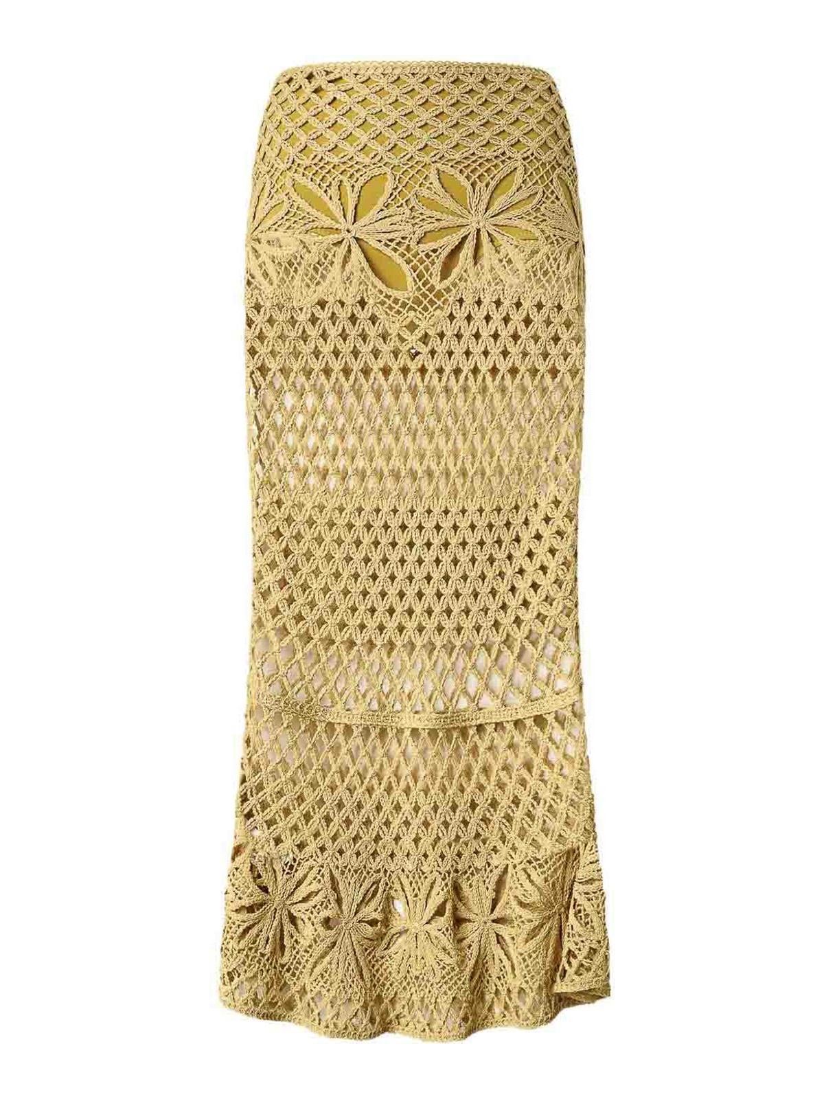 Pinko Long Crochet-effect Fitted Skirt With Floral Patterns In Yellow