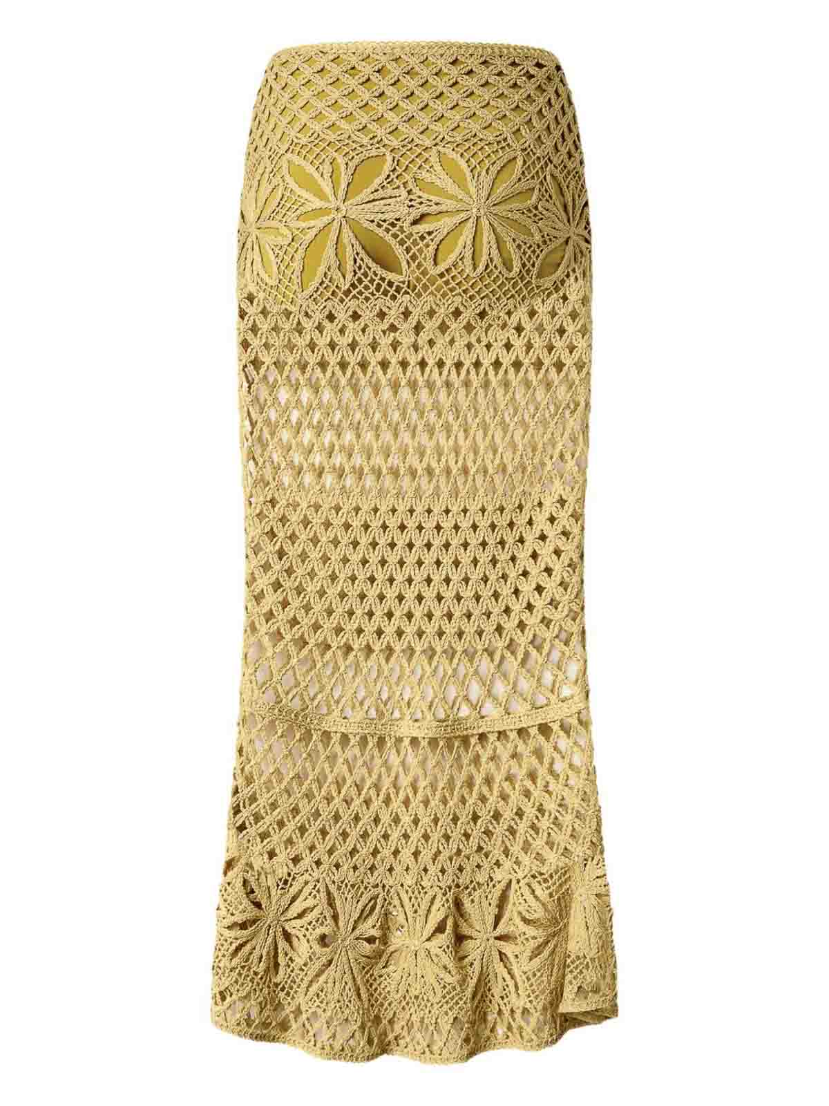 Pinko Long Crochet-effect Fitted Skirt With Floral Patterns In Yellow