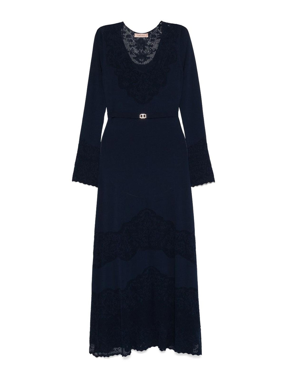 Twinset Blue Long Dress With Lace In Blue