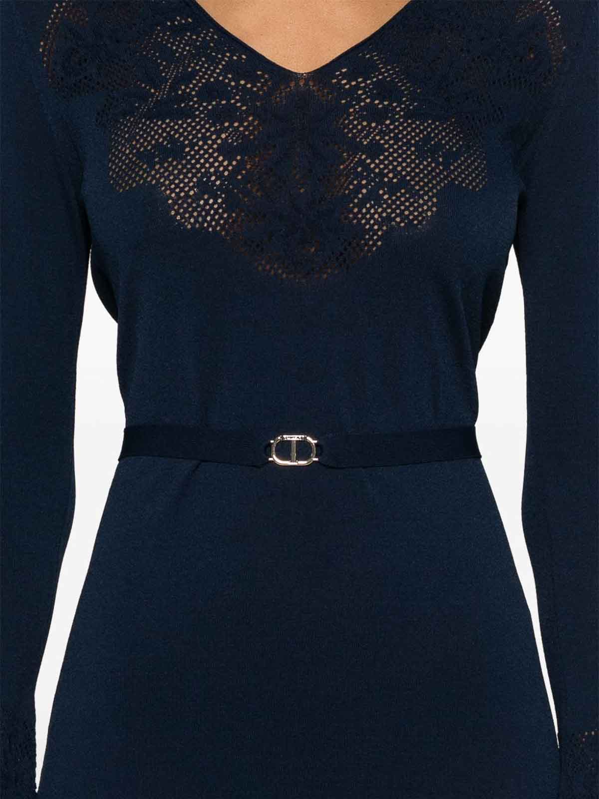 Twinset Blue Long Dress With Lace In Blue