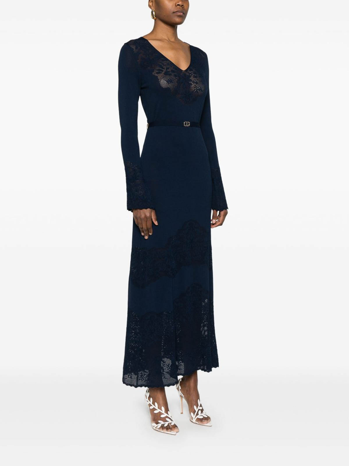 Twinset Blue Long Dress With Lace In Blue