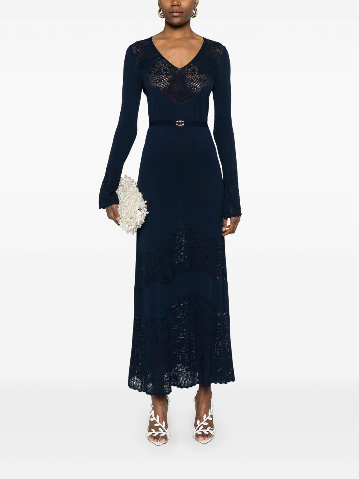 Twinset Blue Long Dress With Lace In Blue