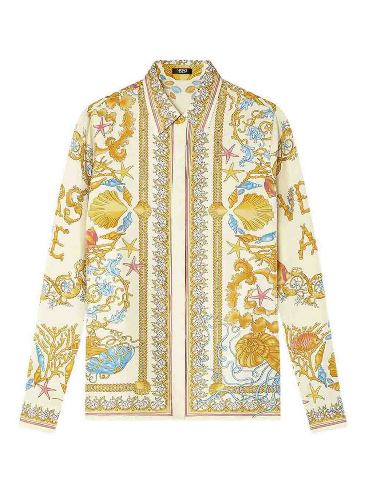 Versace Underwater Barocco Print Silk Shirt In Yellow