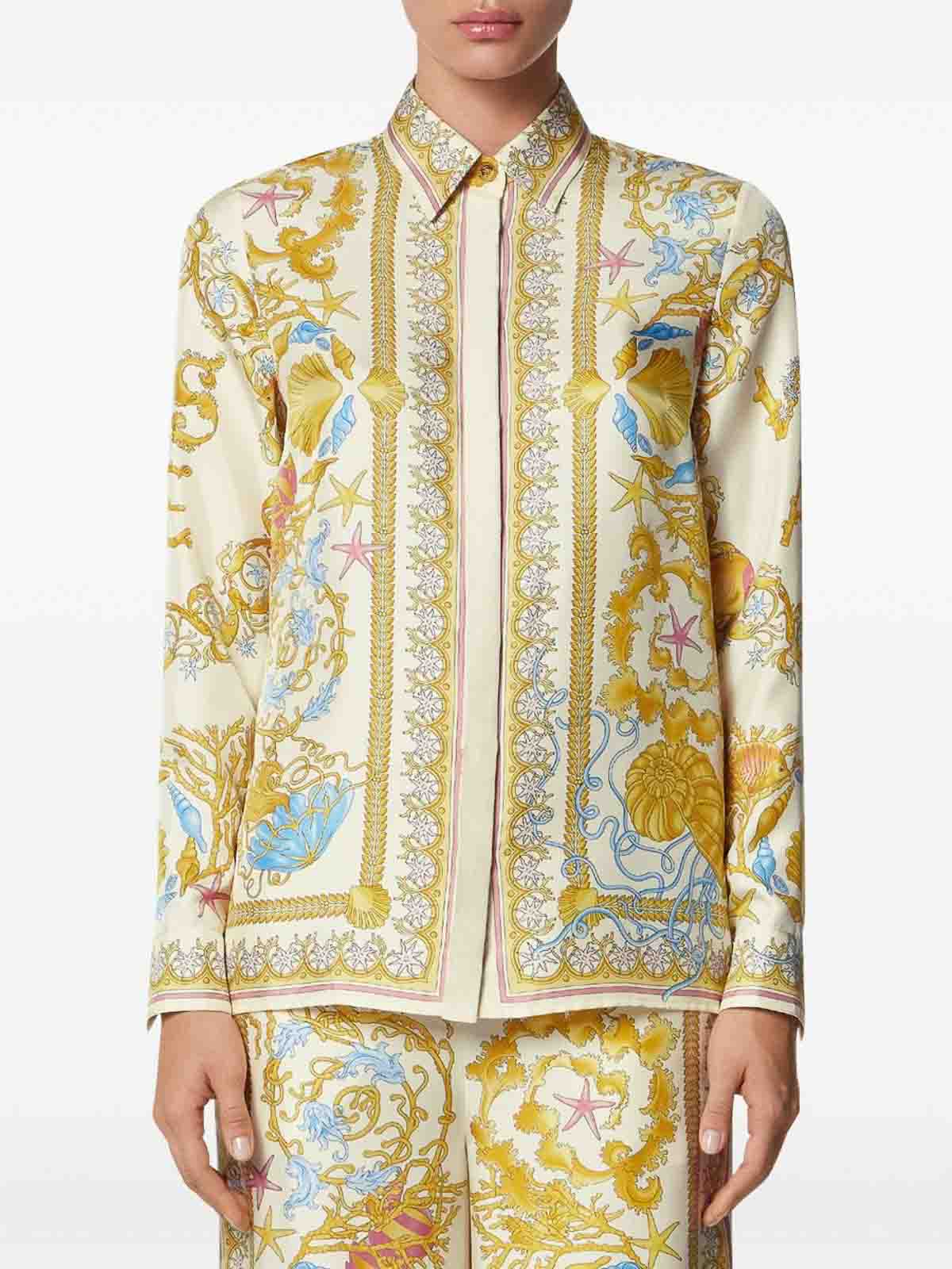 Versace Underwater Barocco Print Silk Shirt In Yellow