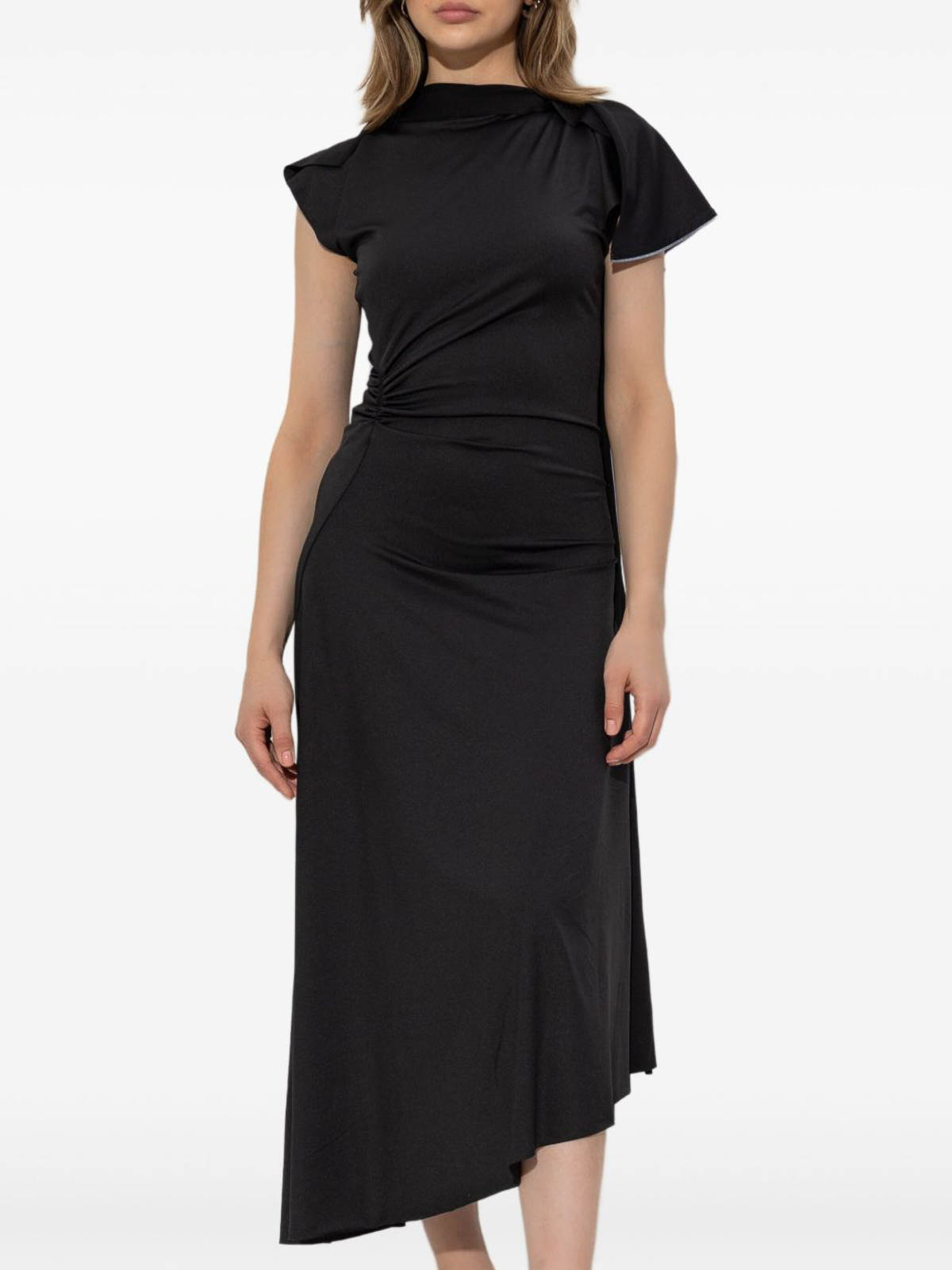 Victoria Beckham Asymmetrically Draped Black Midi Dress With Soft Ruching In Black