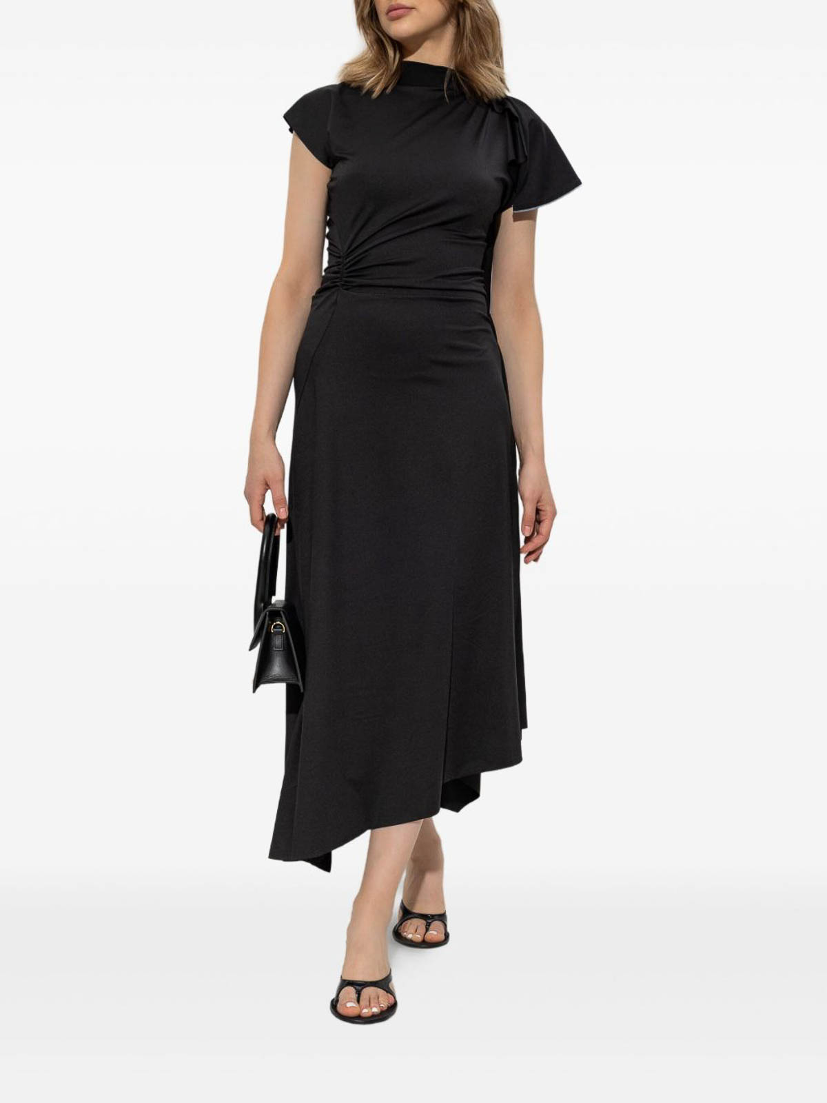 Victoria Beckham Asymmetrically Draped Black Midi Dress With Soft Ruching In Black