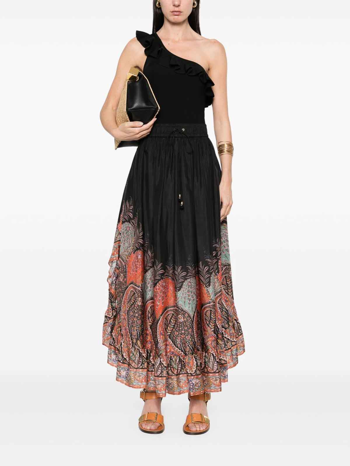 Zimmermann Rhiannon Ruffled Paisley-print Organic Silk Maxi Skirt In Black