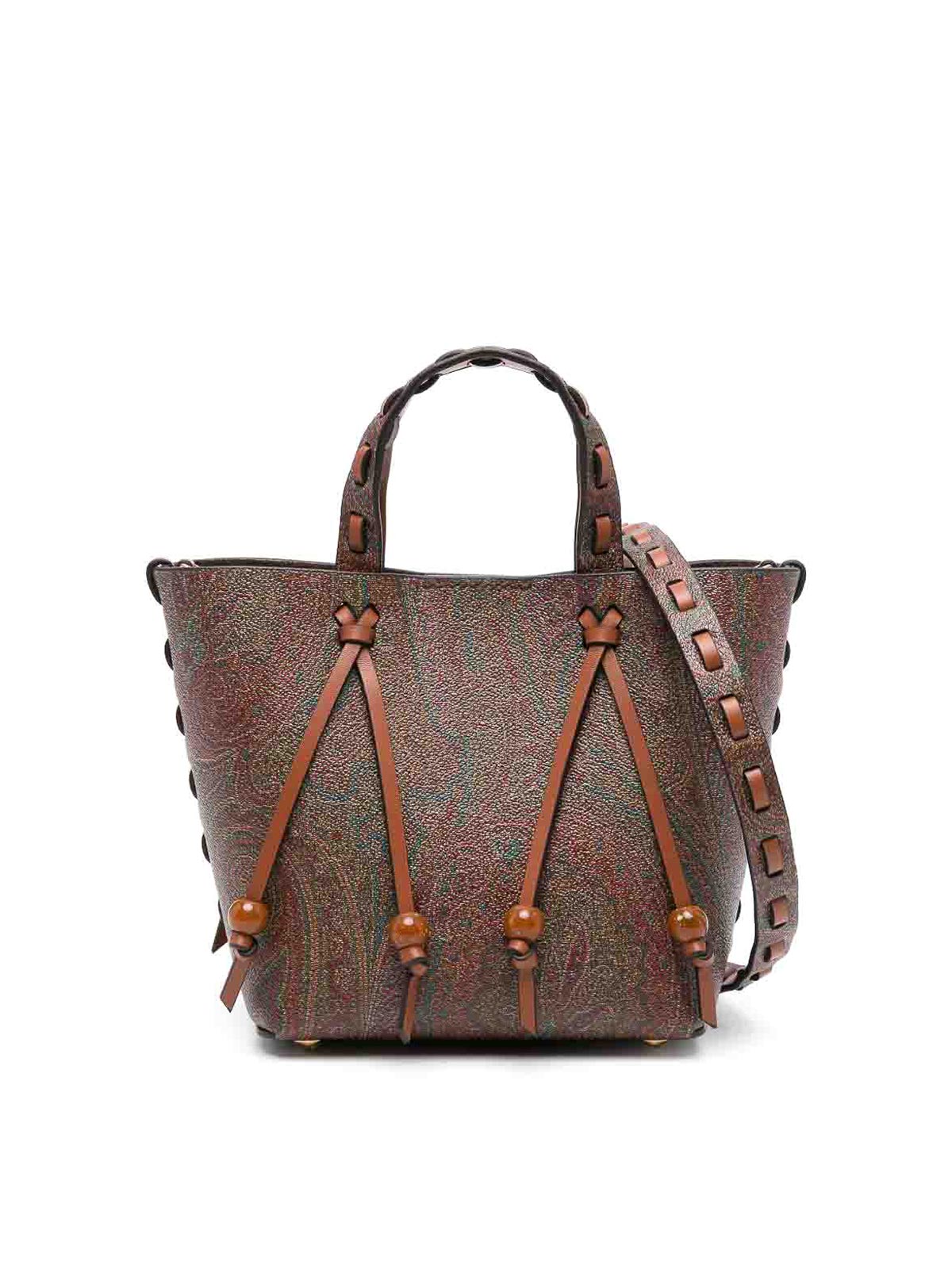 Etro Brown Calf Leather Paisley-print Tote Bag In Brown