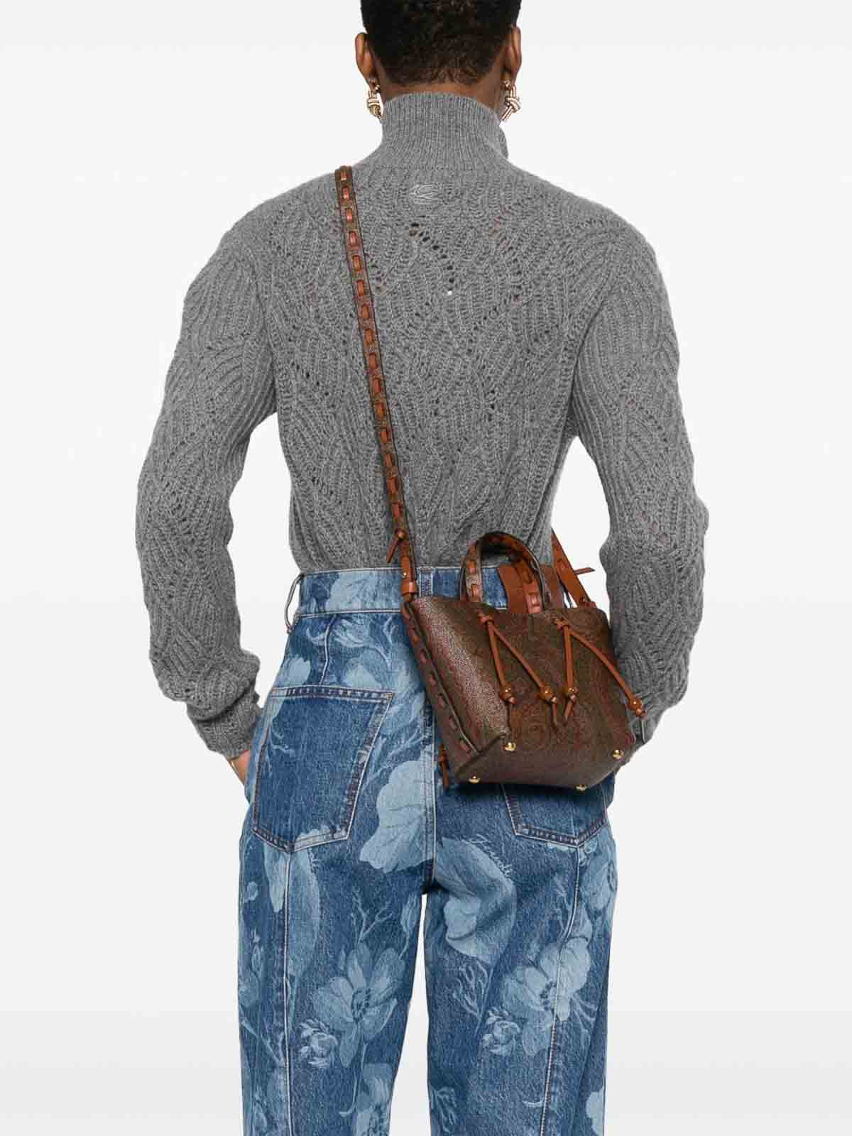 Etro Brown Calf Leather Paisley-print Tote Bag In Brown