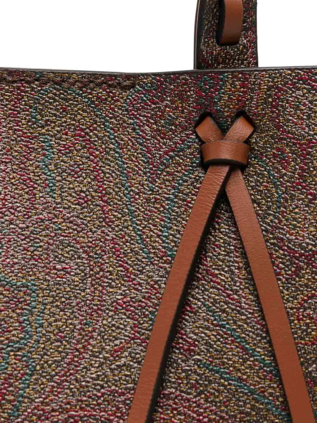 Etro Brown Calf Leather Paisley-print Tote Bag In Brown