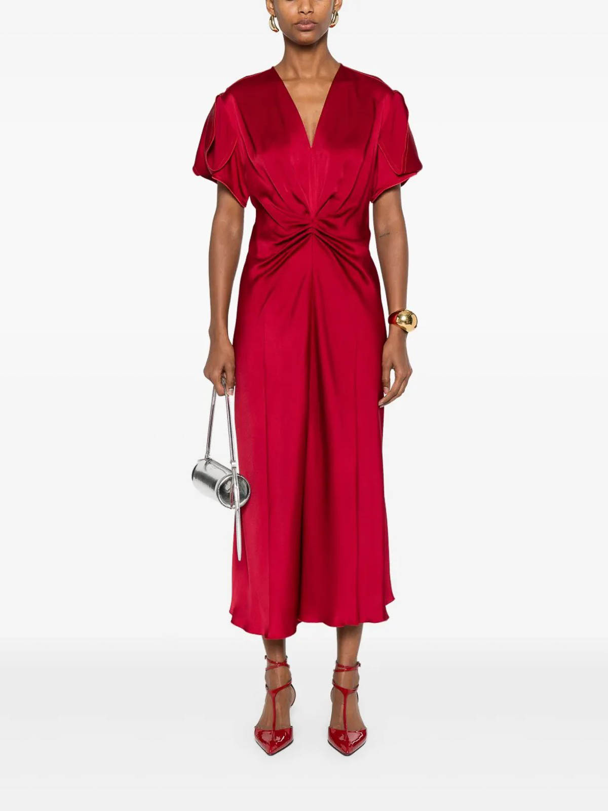 Victoria Beckham Gathered Wool-blend Midi Dress In Brown