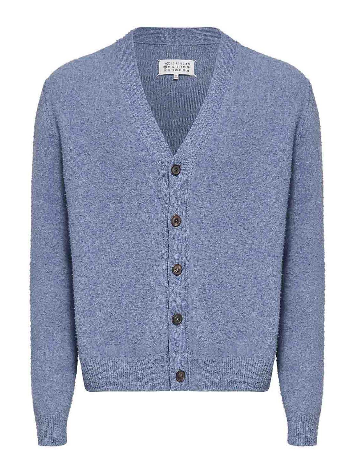 Maison Margiela Ribbed V-neck Long Sleeve Cardigan In Blue