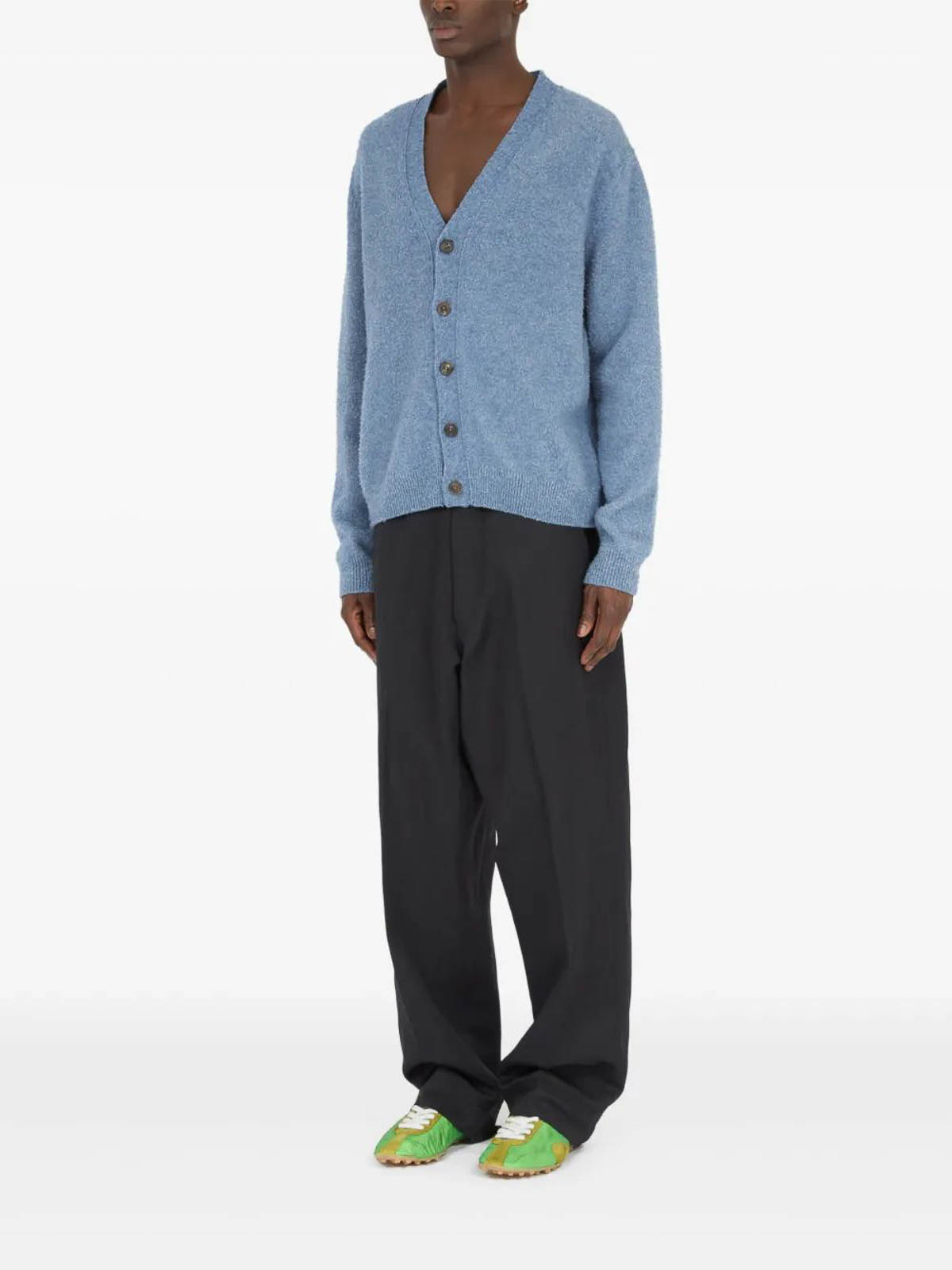 Maison Margiela Ribbed V-neck Long Sleeve Cardigan In Blue
