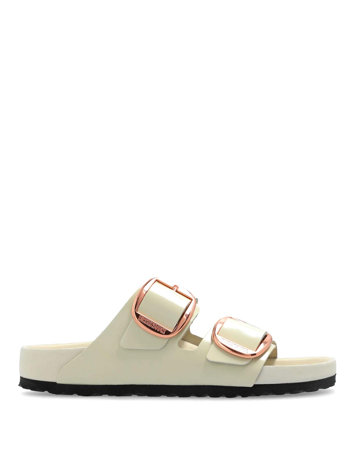 Birkenstock Arizona Lacquer Leather Slides In Sand