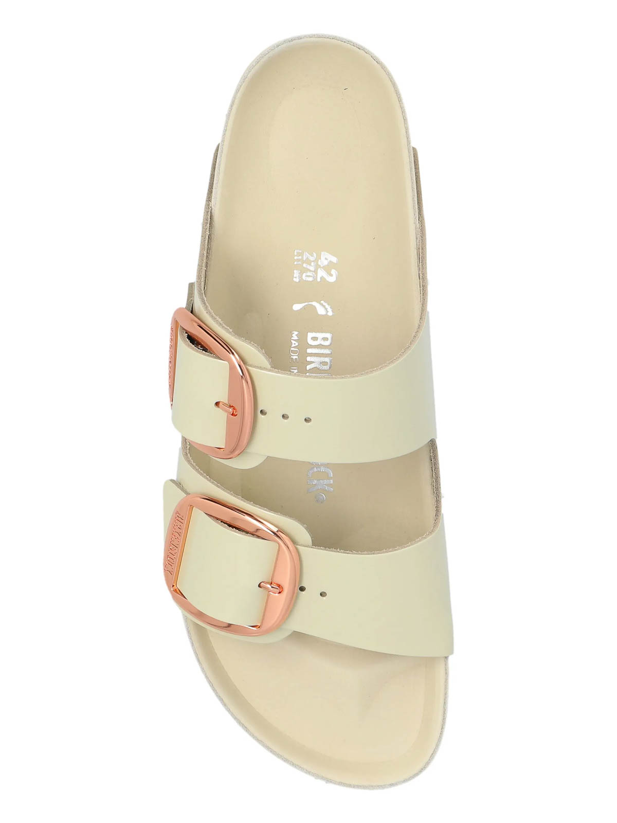 Birkenstock Arizona Lacquer Leather Slides In Sand